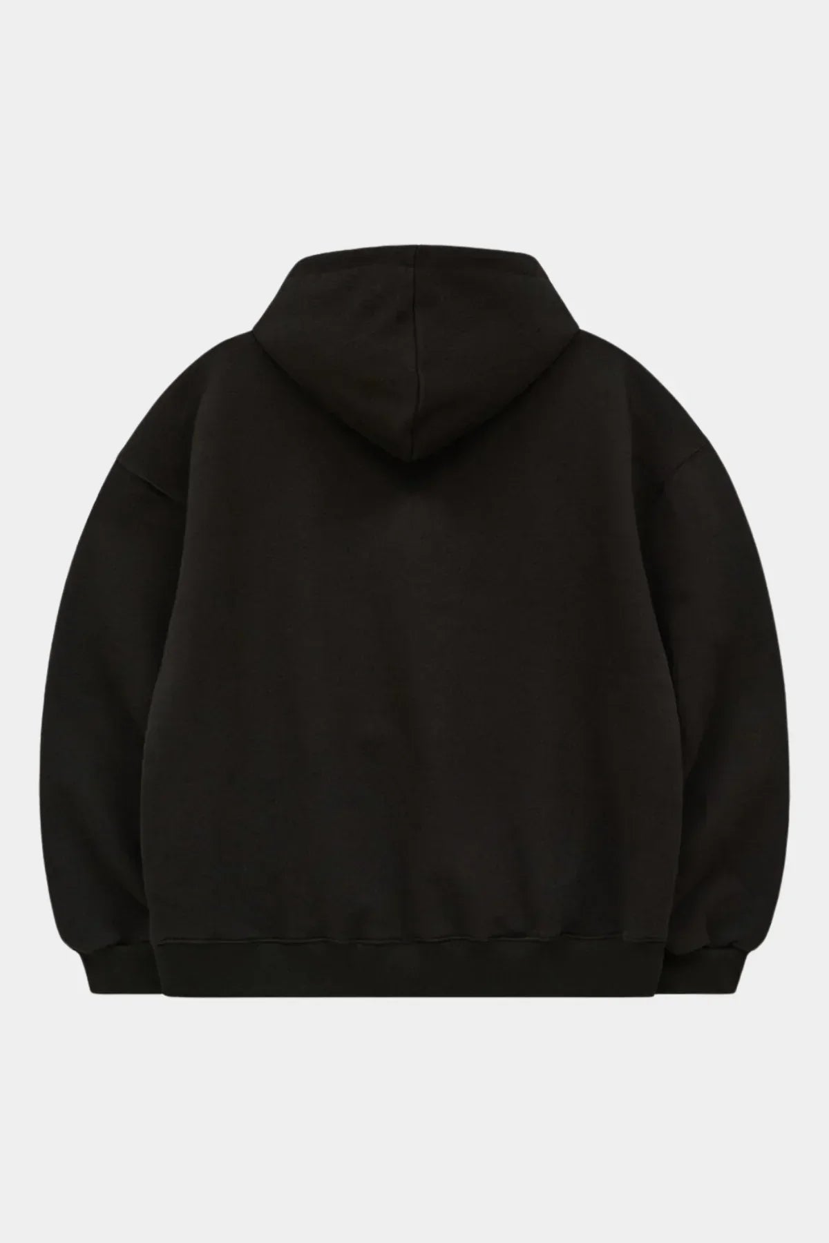 back view of plain black hooded zip-up sweatshirt with long sleeves and ribbed cuffs