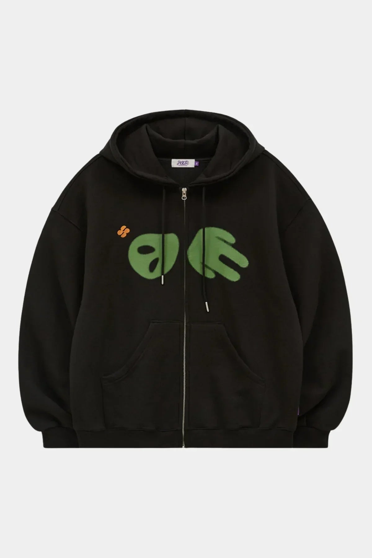 Black zip-up hoodie with hood, front pockets, and green alien face graphic with small orange detail