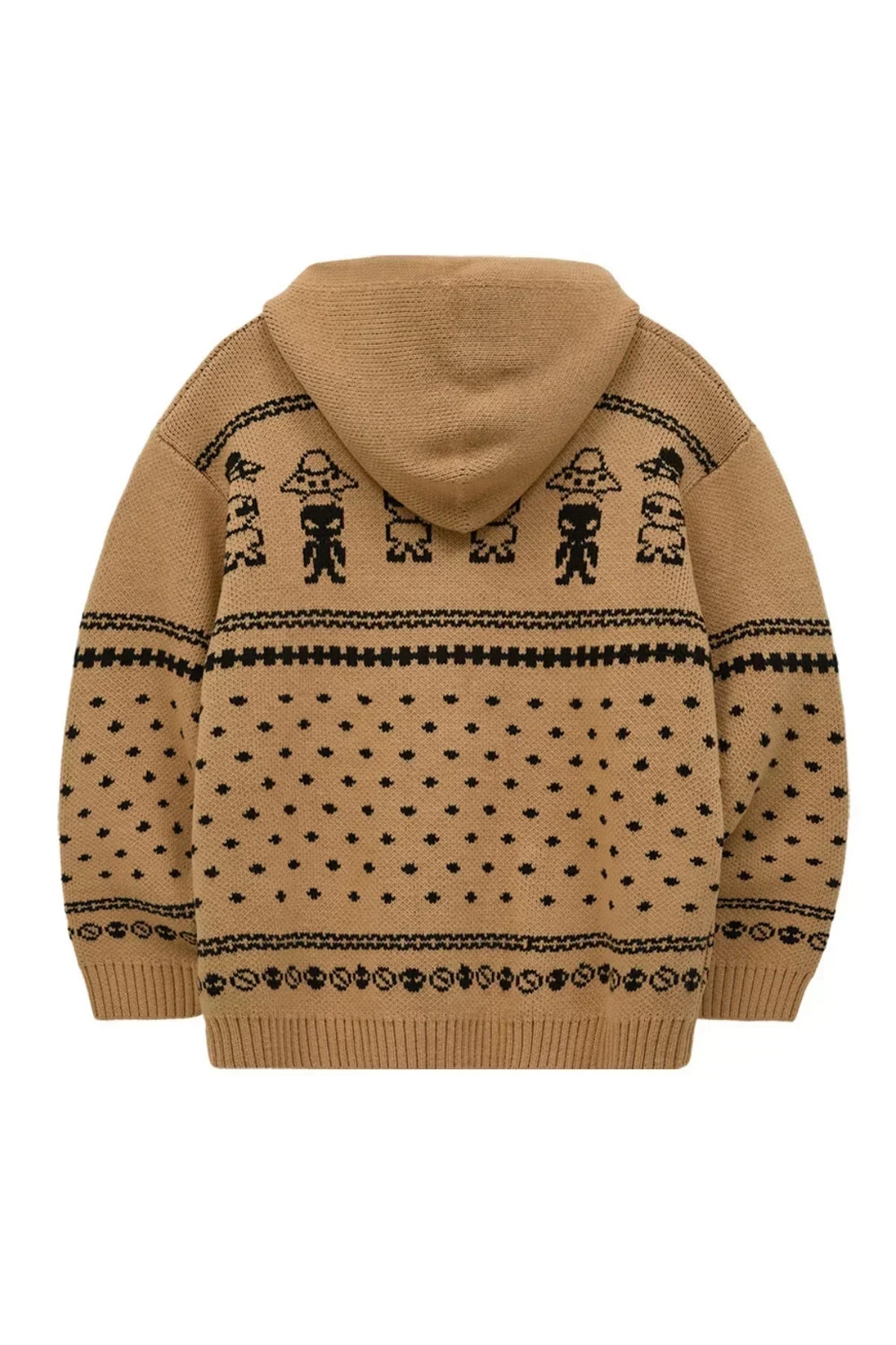 Beige knit hoodie with black alien and UFO pattern on back and sleeves