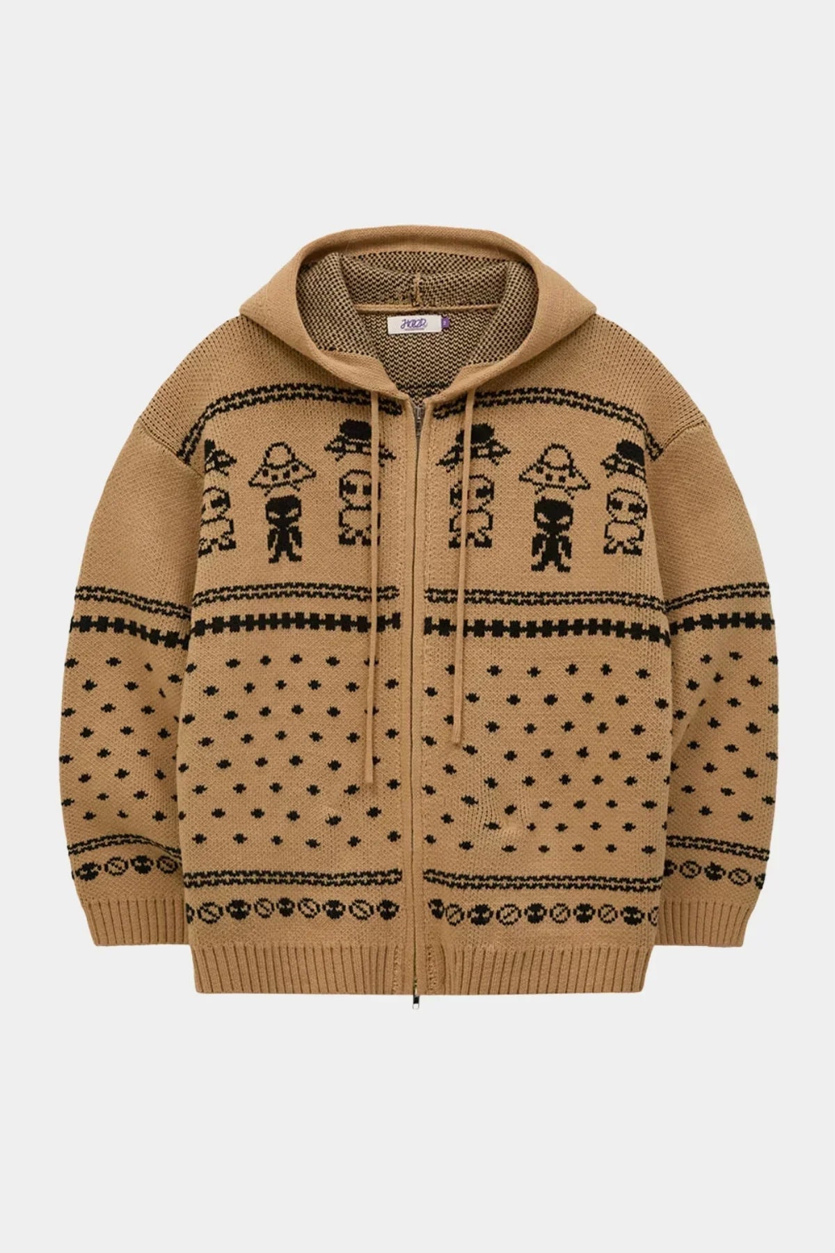 Beige knit zip-up hoodie with black alien and UFO pattern, front view