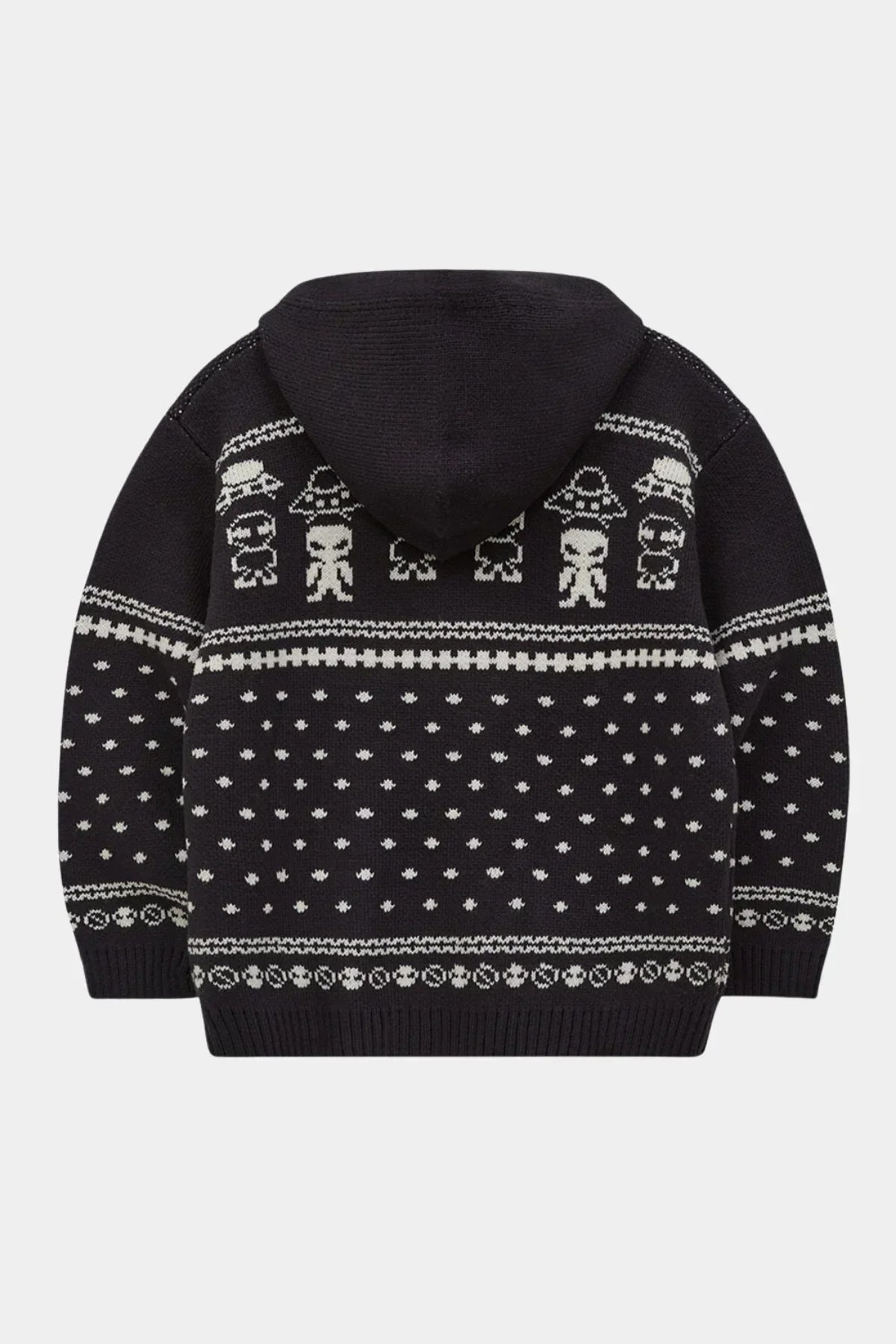 Navy knit hoodie with white alien and UFO pattern across back and sleeves