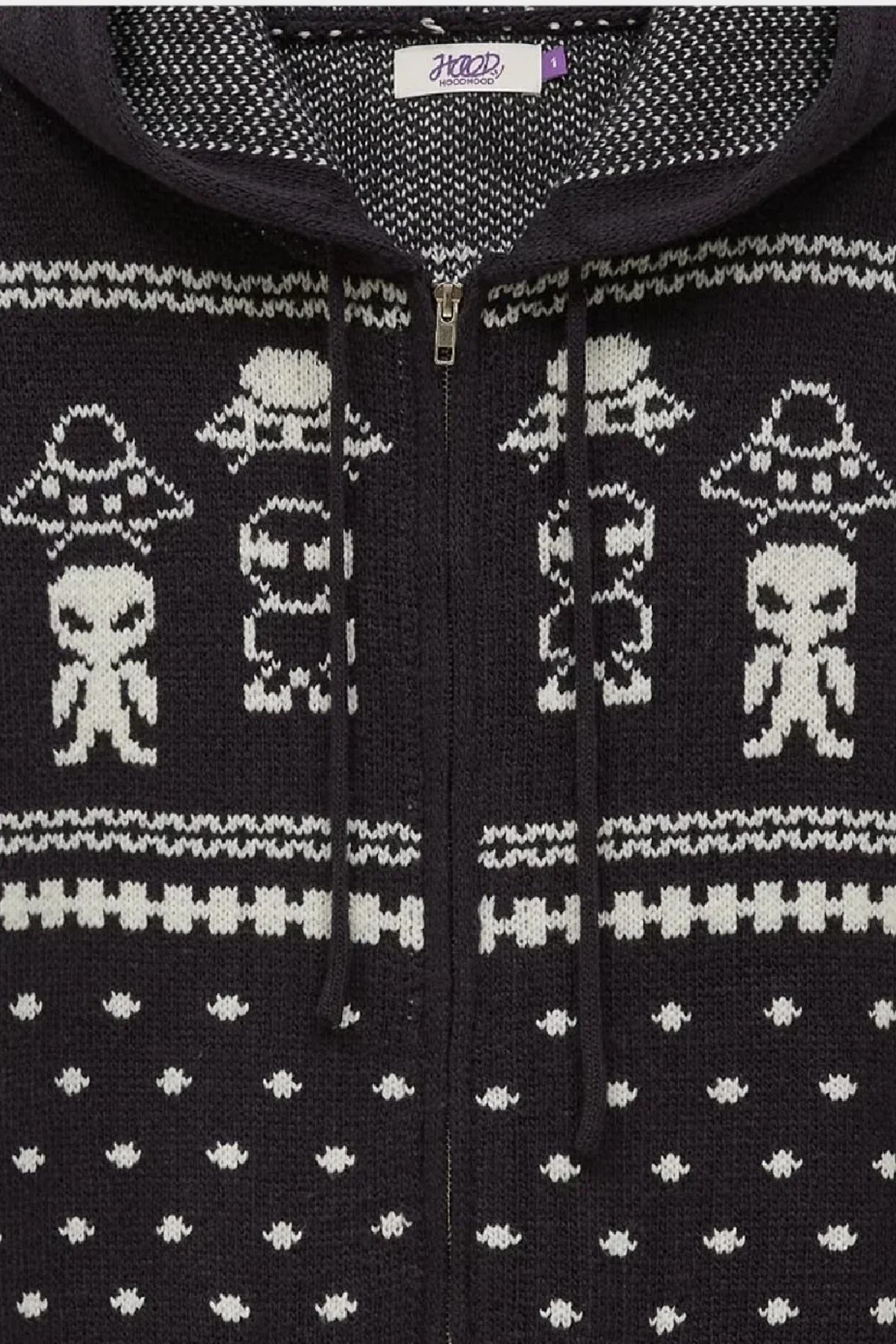 Navy knit zip-up hoodie with white alien and spaceship patterns and drawstrings