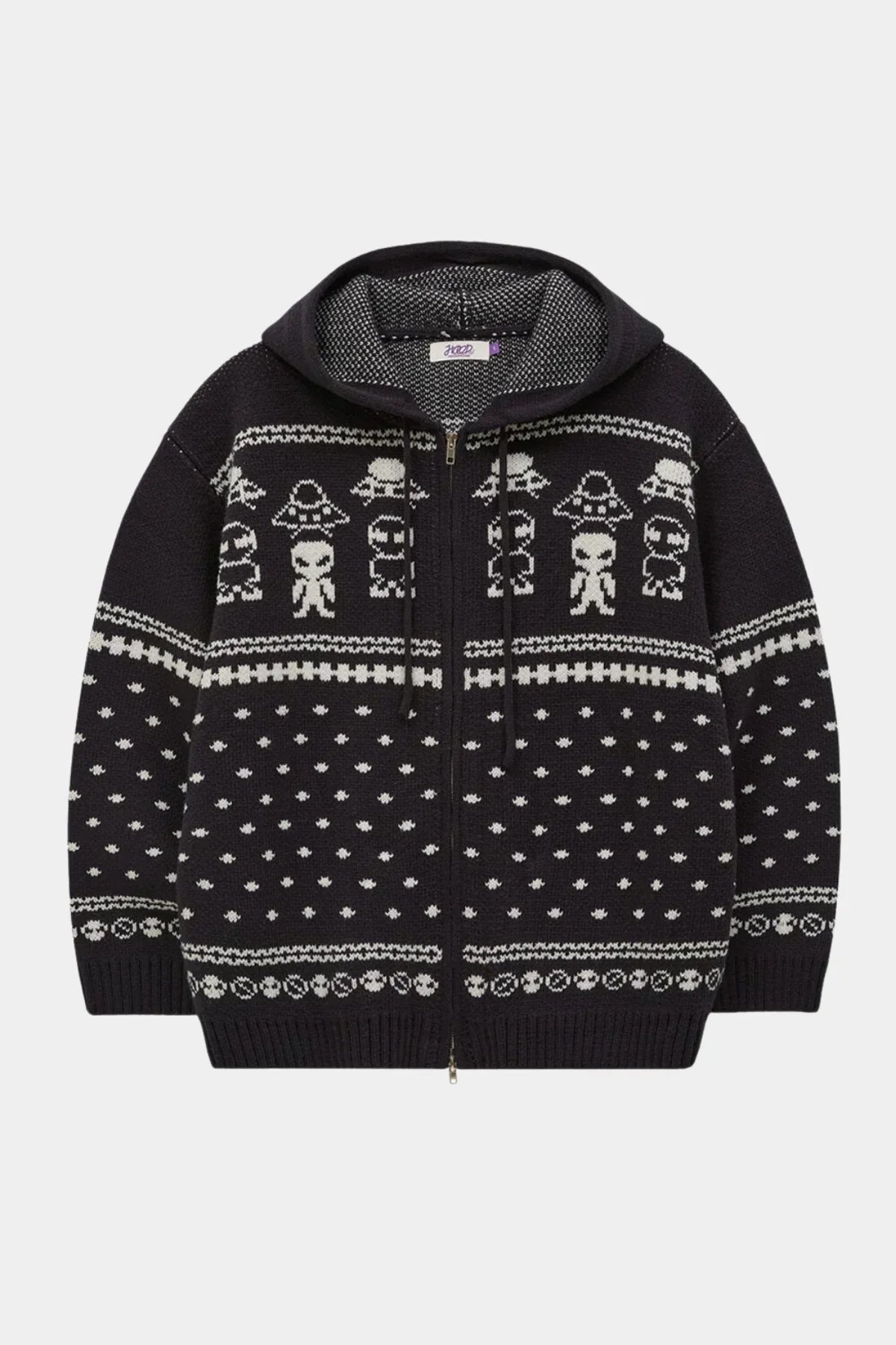 Navy knit zip-up hooded sweater with white alien and UFO pattern and dot design