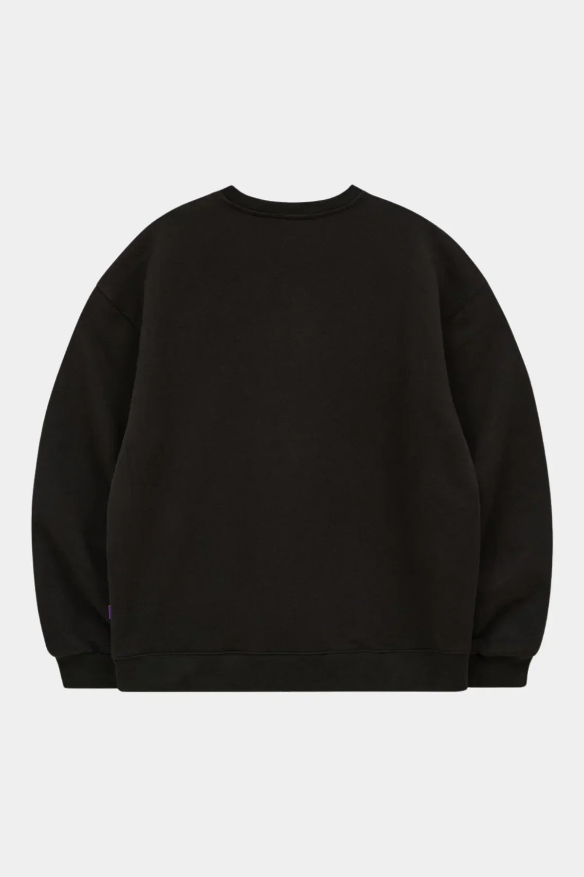 Black sweatshirt shown from the back with a plain design and ribbed cuffs and hem