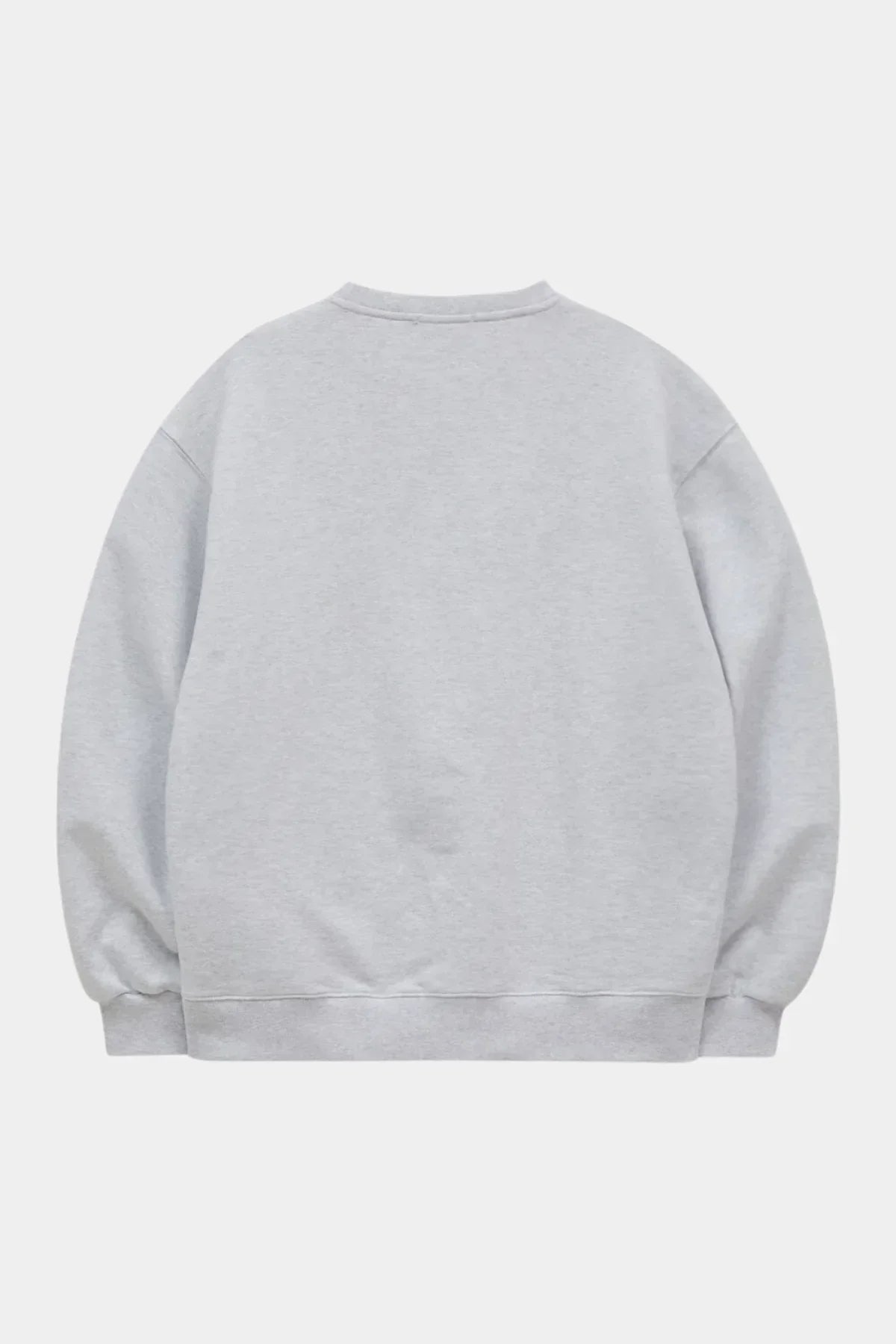 Back view of plain melange white sweatshirt with long sleeves and ribbed cuffs