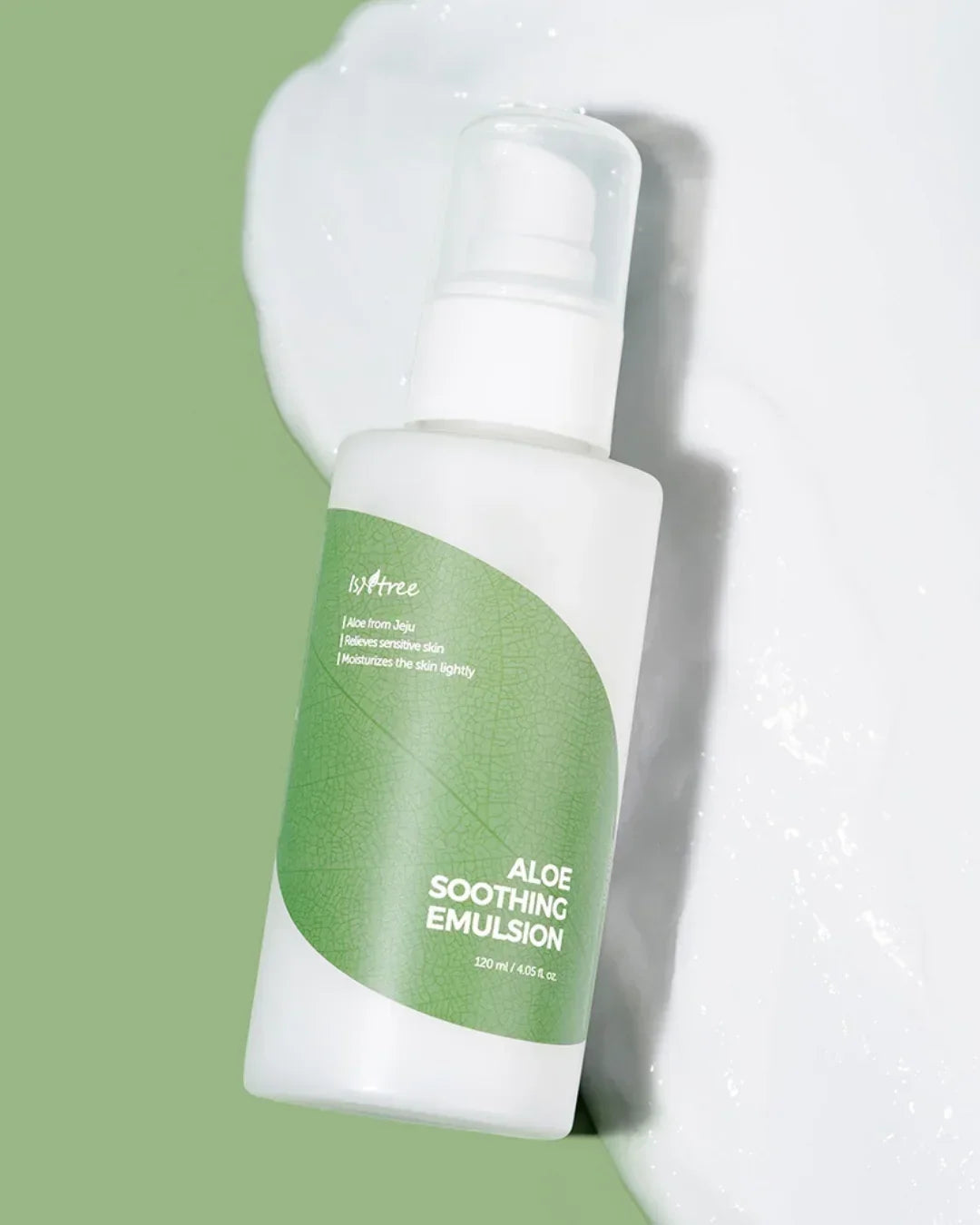 Isntree Aloe Soothing Emulsion bottle on green background with white lotion texture