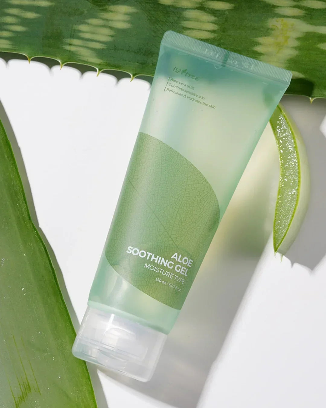 Tube of Aloe Soothing Gel Moisture Type on white with green aloe leaves and gel slice