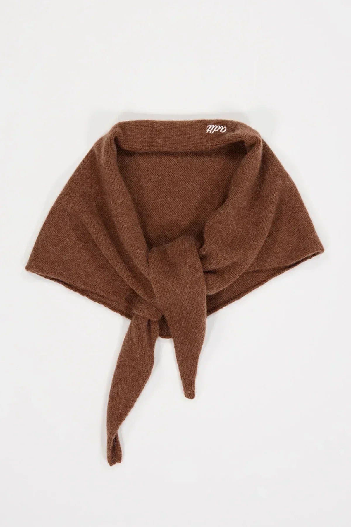 Brown alpaca wool multi muffler scarf with a knot on a white background