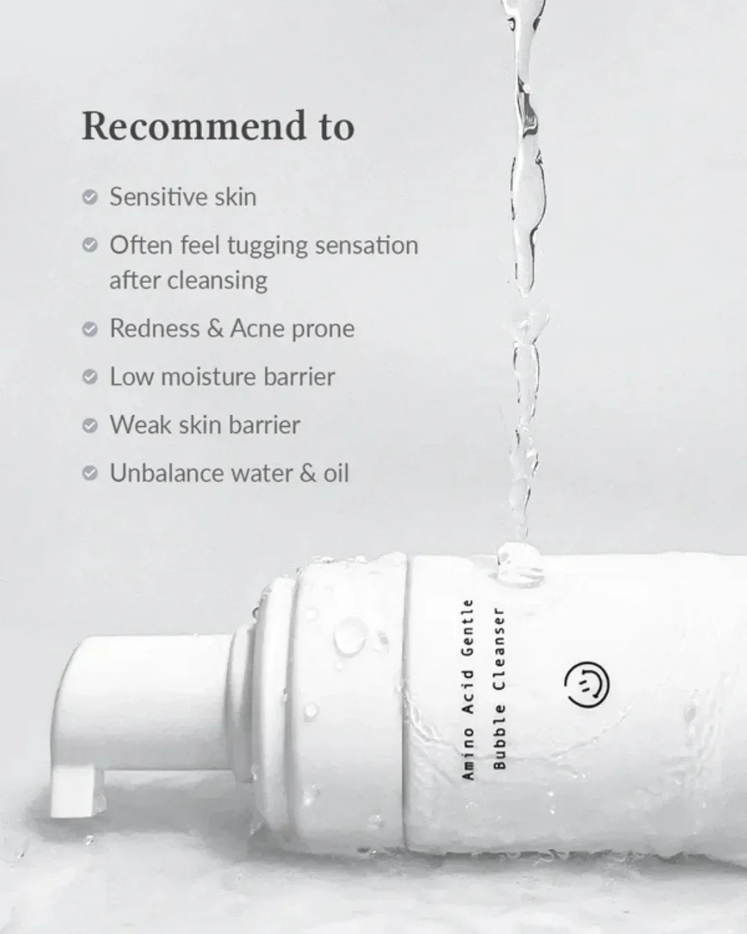Amino Acid Gentle Bubble Cleanser bottle with water droplets and recommendations for sensitive, acne-prone skin