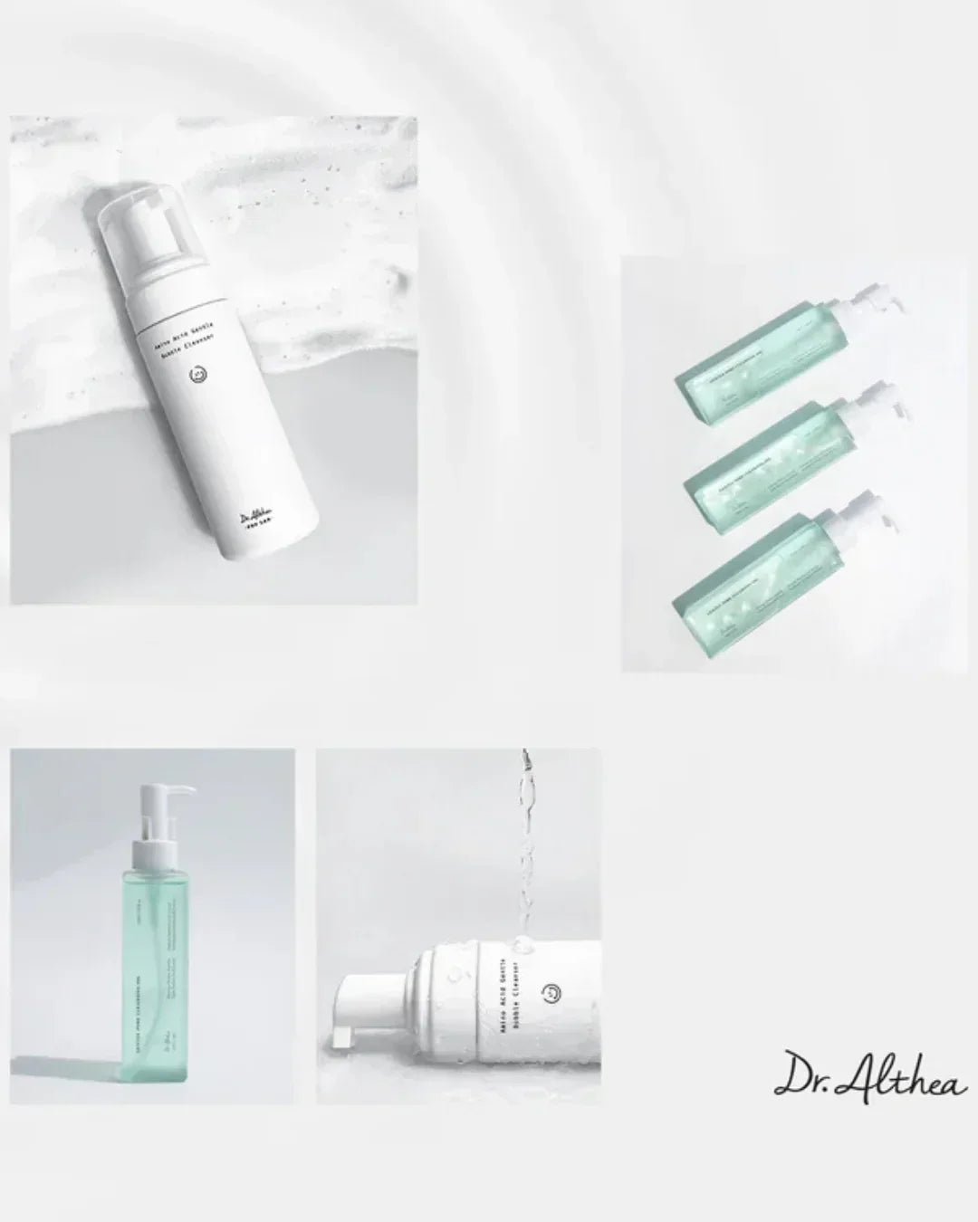 Dr. Althea amino acid gentle bubble cleanser white bottle and green pump bottles on white background