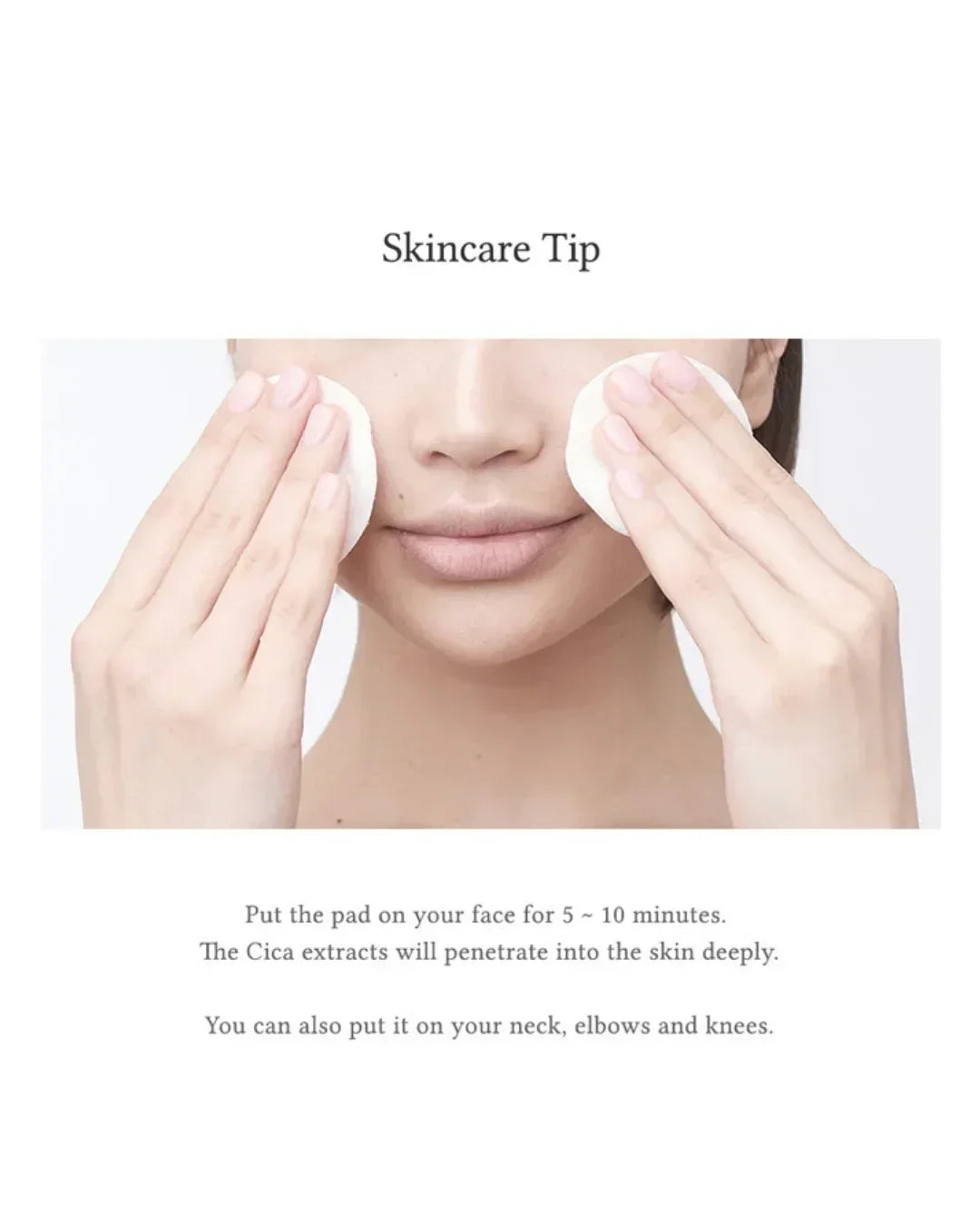 Woman applying skincare pads to cheeks with skincare tip text about Cica extract usage