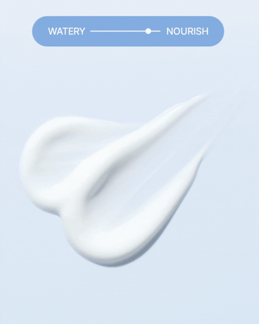 Blue slider indicating sunscreen texture between watery and nourish with white cream smear