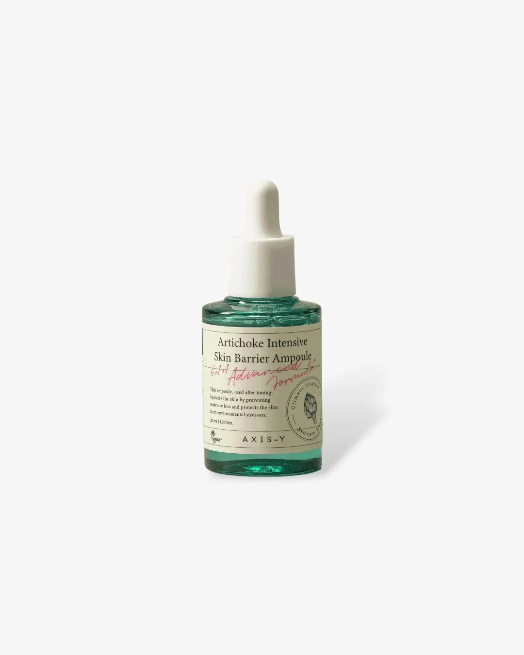 Artichoke Intensive Skin Barrier Ampoule serum bottle with dropper on white background