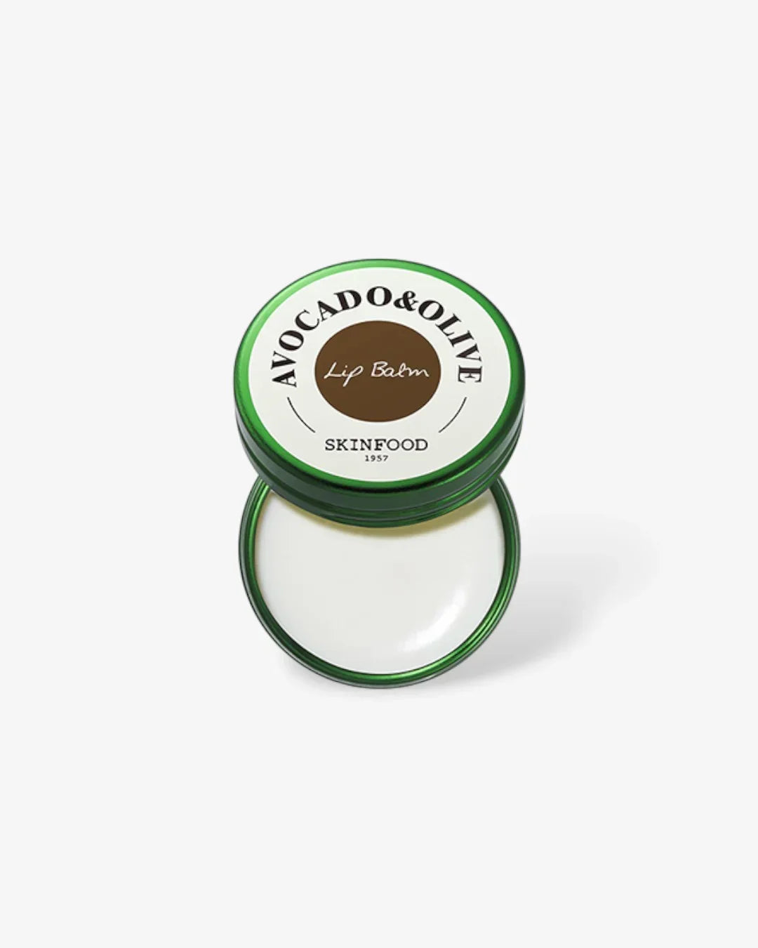 Open green tin of Skinfood Avocado & Olive Lip Balm on white background