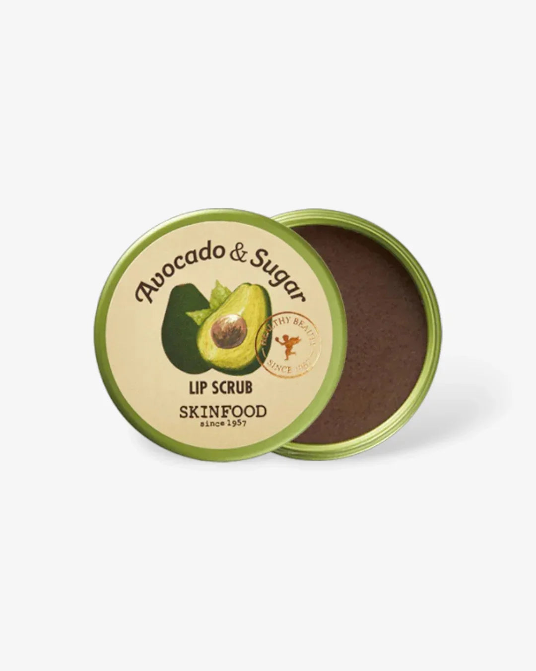 Skinfood Avocado & Sugar lip scrub in an open green tin with avocado illustration