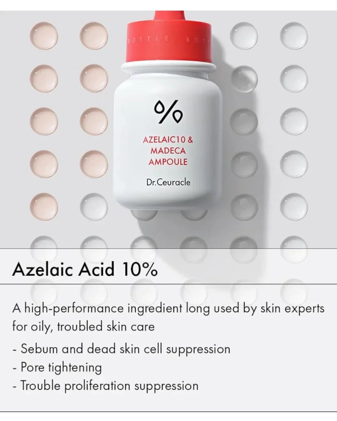 Dr.Ceuracle Azelaic 10% & Madeca Ampoule skincare bottle with text highlighting oily skin care benefits