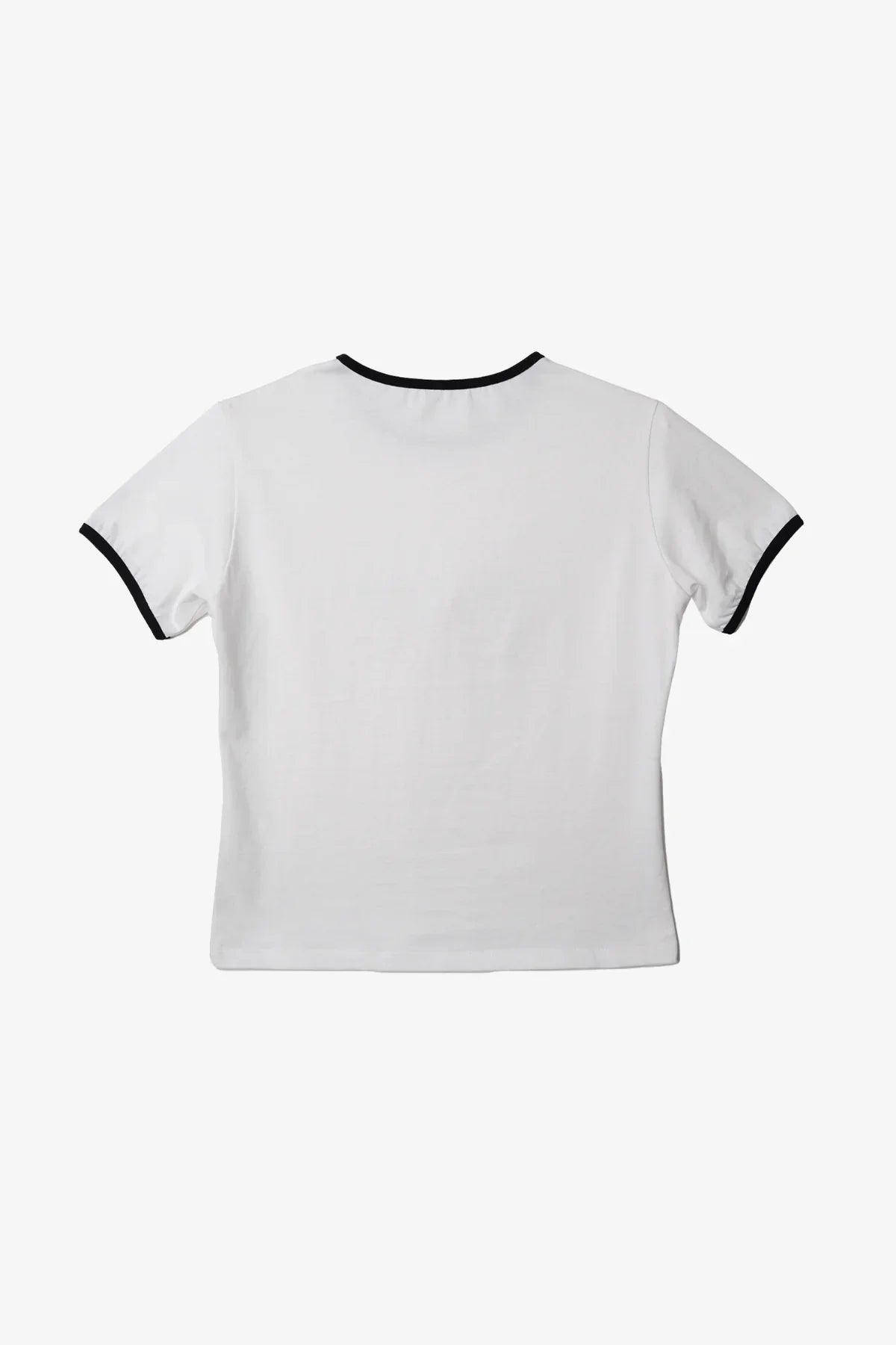 Back view of white short-sleeve t-shirt with black trim on collar and sleeves against white background