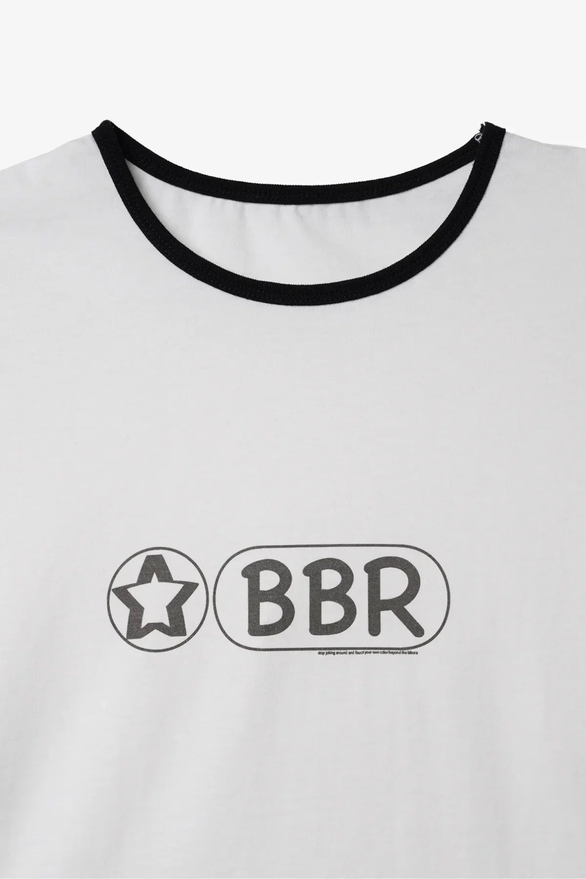 White t-shirt with black collar and black star logo beside BBR text on front