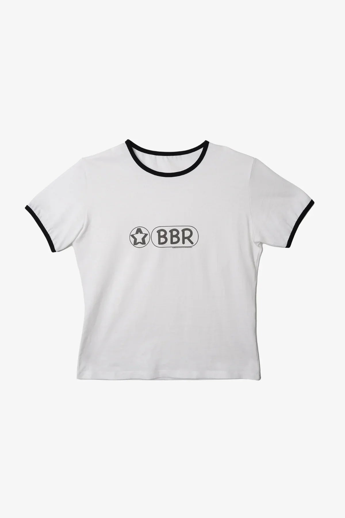 White ringer t-shirt with black trim featuring black star and BBR logo on front