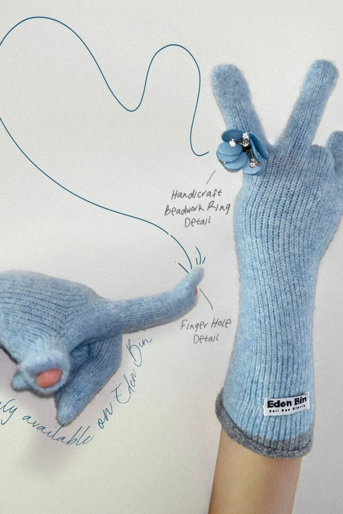 Blue knitted fingerless gloves with handcrafted beaded flower ring detail and Eden Bin label