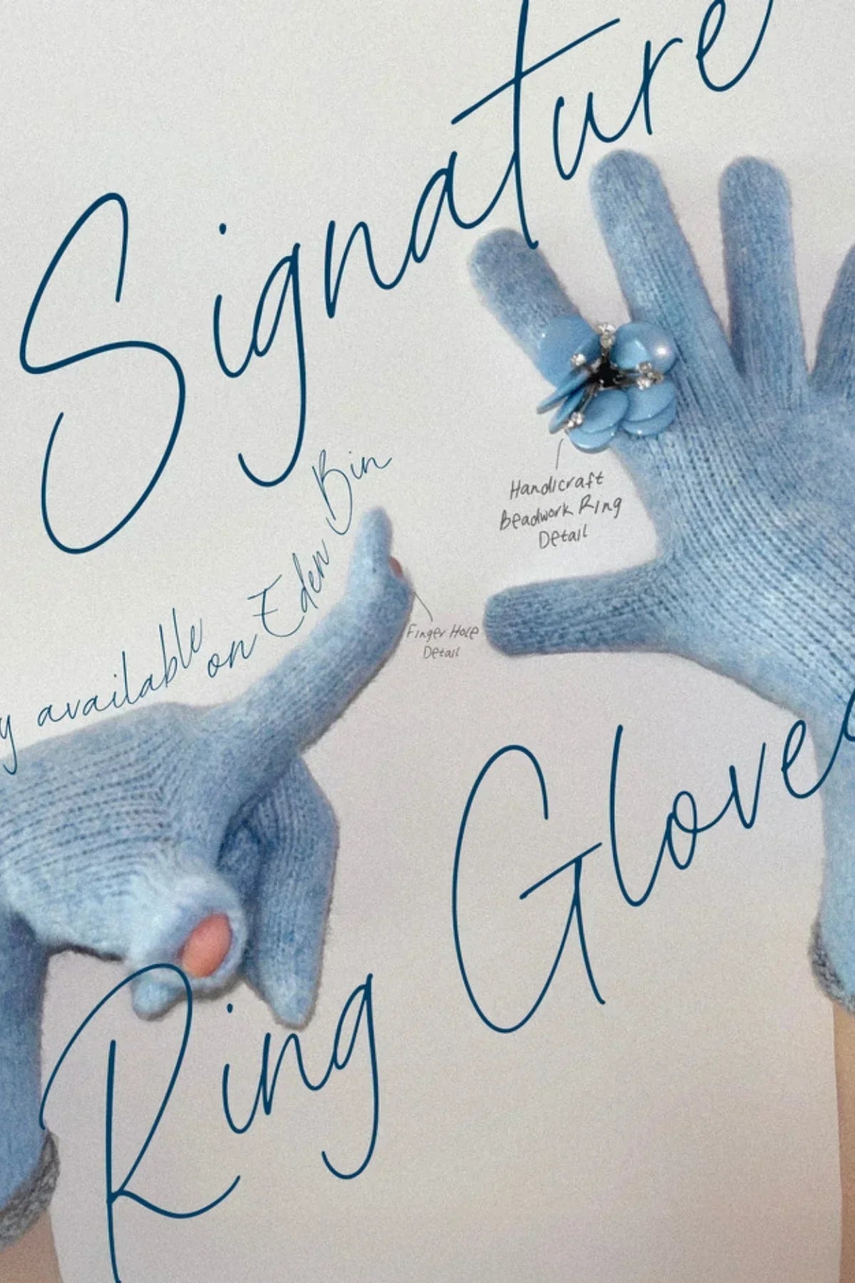 Light blue knit ring gloves with finger hole and handcrafted blue bead flower ring details