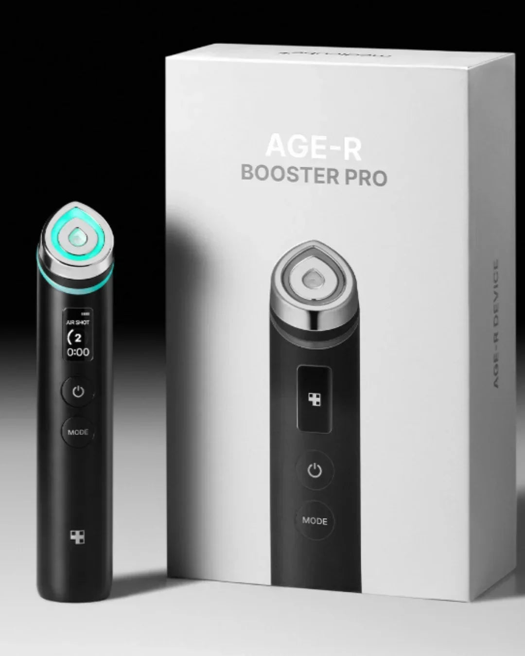 AGE-R Booster Pro Korean beauty device with packaging, sleek black design, Malkn UK lifestyle shop