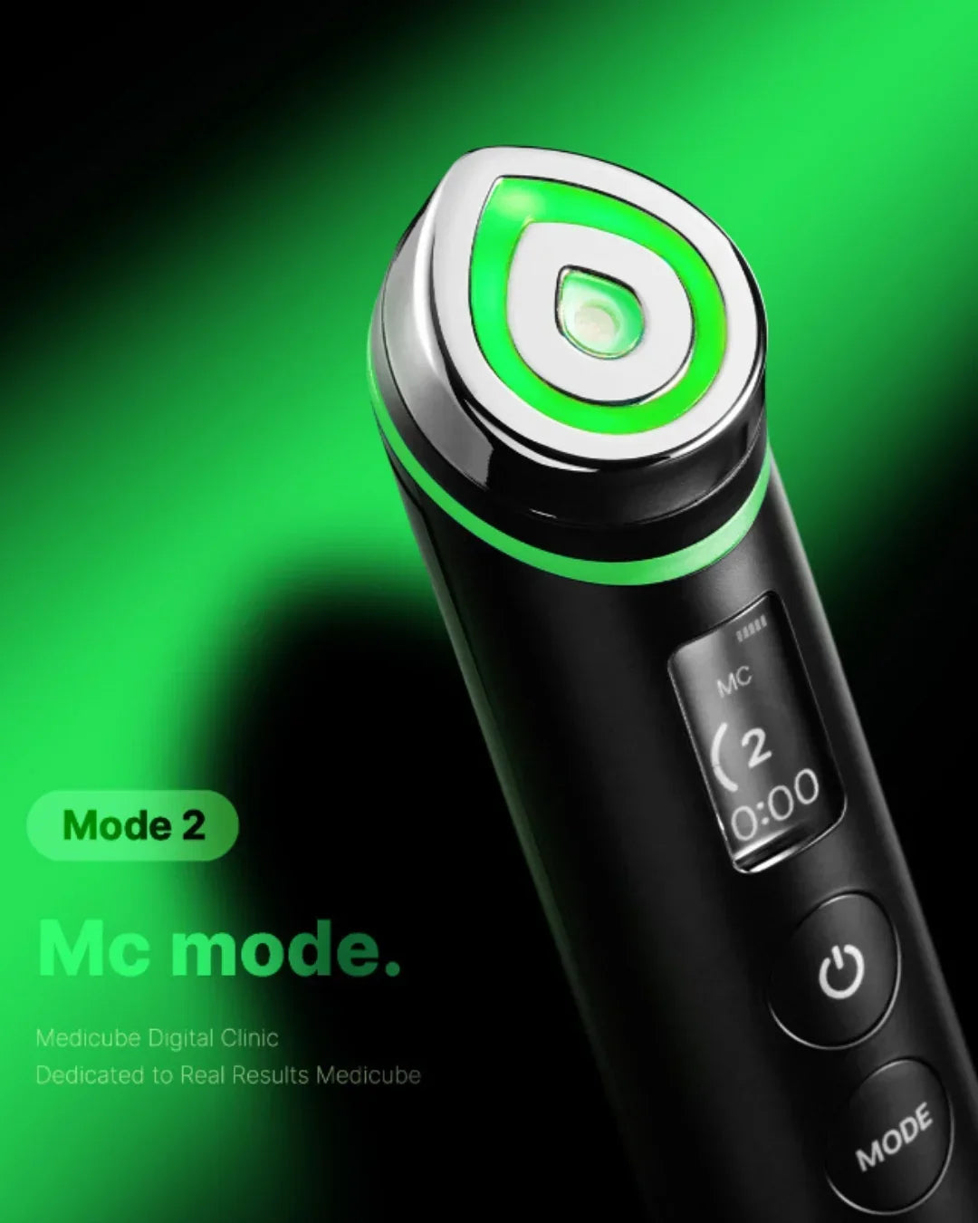 Medikube digital beauty device with LED green light, Mode 2 on display, Korean skincare tech