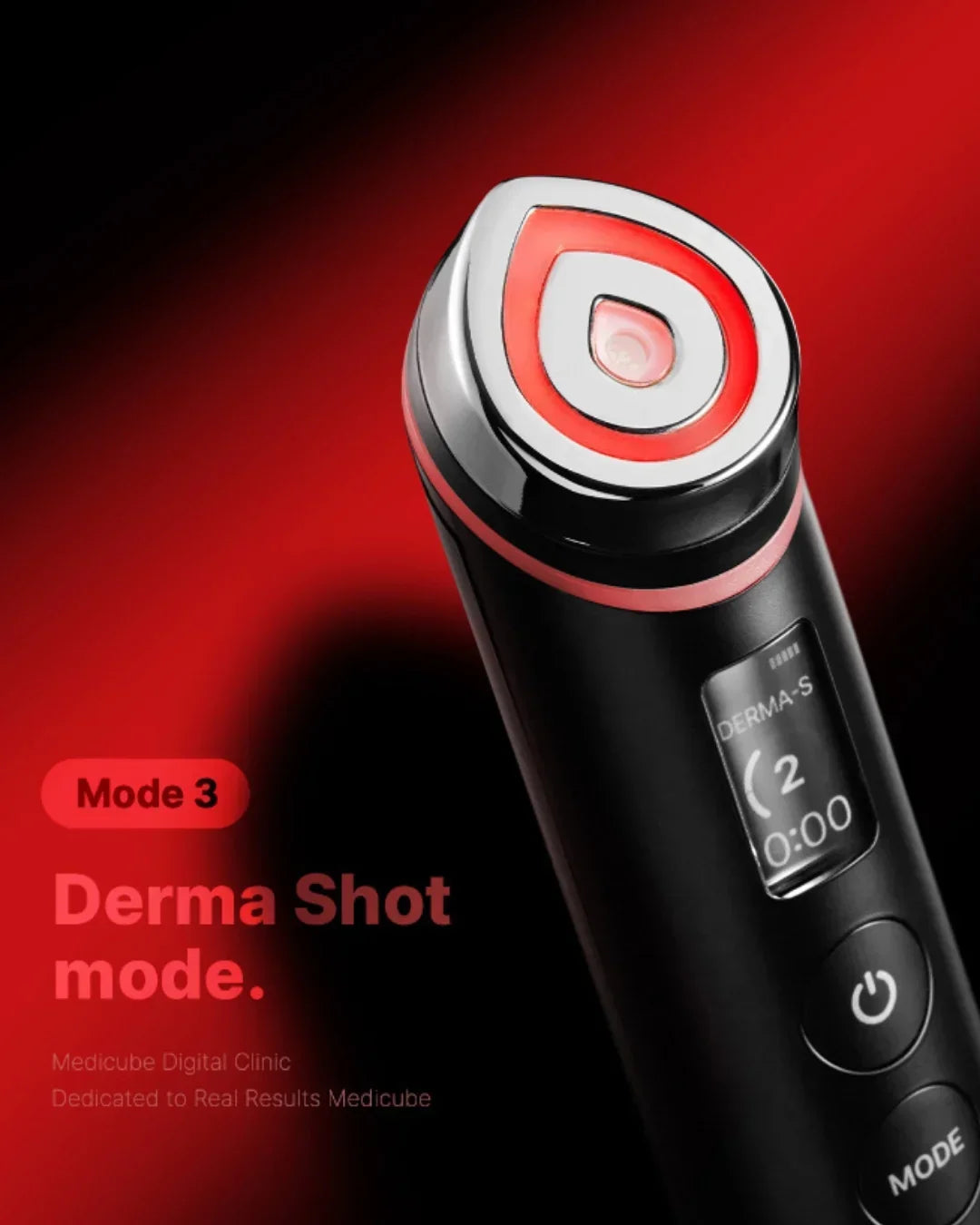 Korean beauty device with LED display and red trim, Age-R Booster Pro EX in Derma Shot mode, Malkn UK