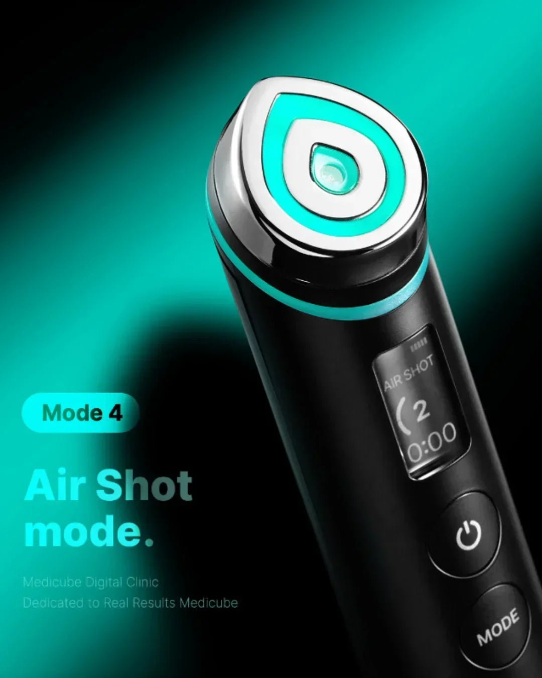 Medikube Age-R Booster Pro EX beauty device in studio setting with digital display, Mode 4 Air Shot mode, promoted by Malkn Korean beauty platform.