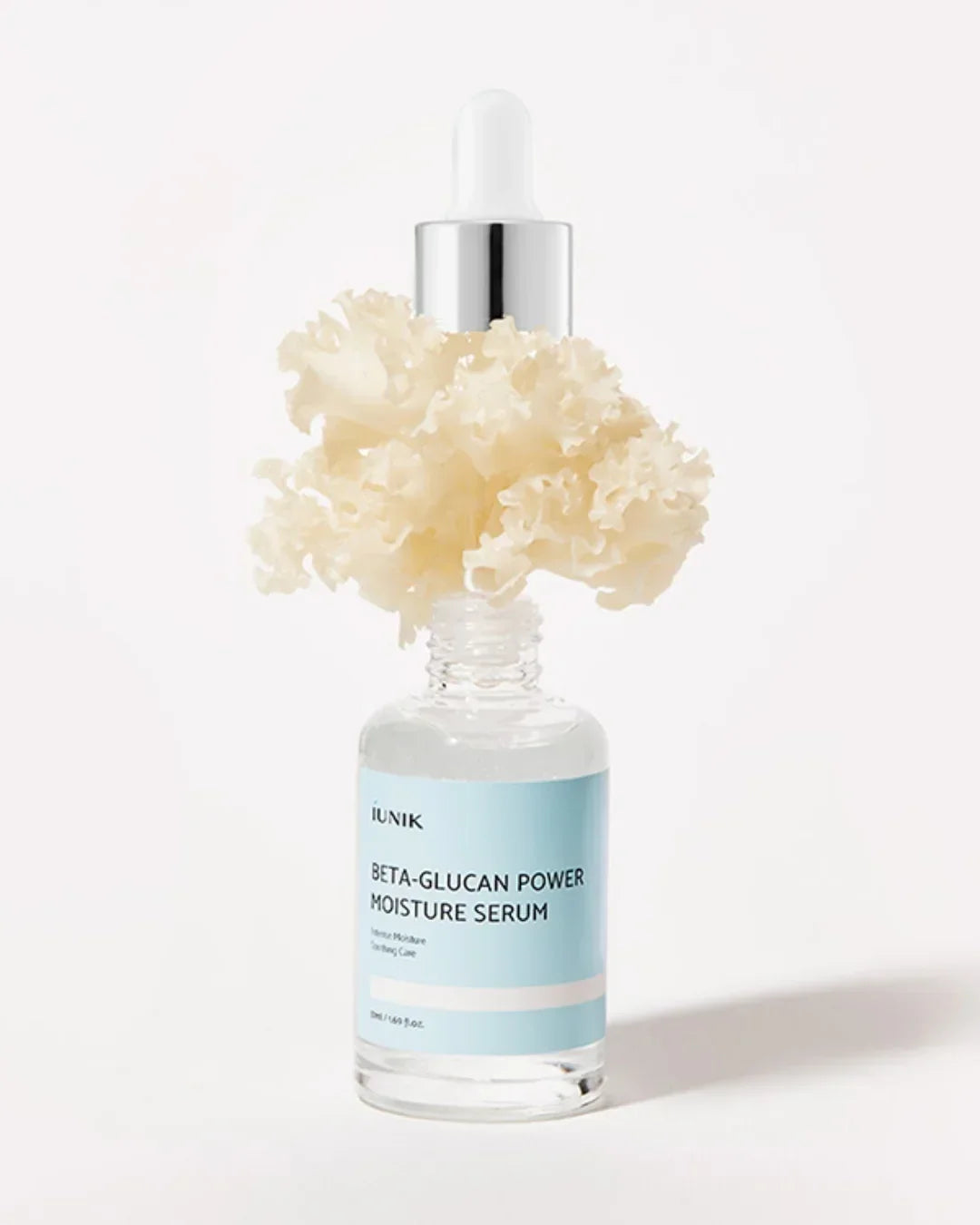 IUNIK Beta-Glucan Power Moisture Serum bottle with dropper and decorative white coral on top