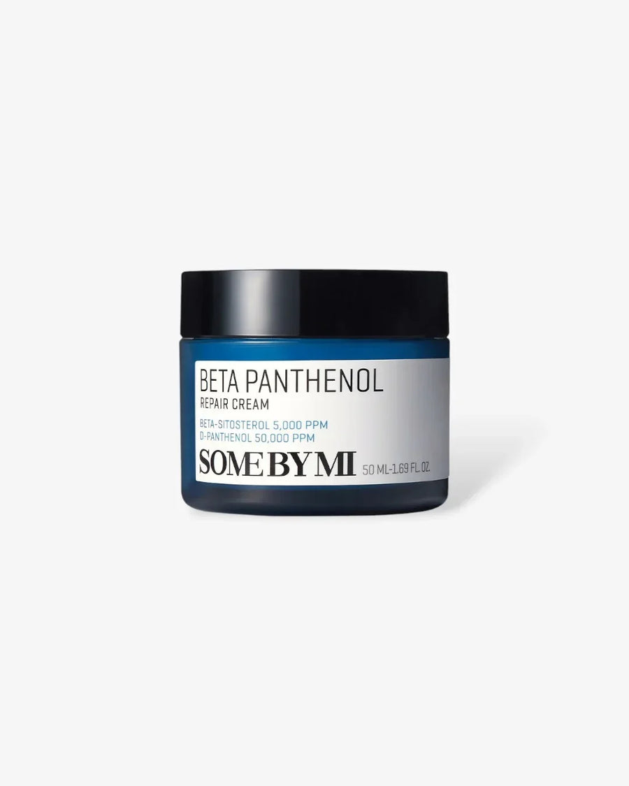 Blue jar of Some By Mi Beta Panthenol Repair Cream with black lid on white background