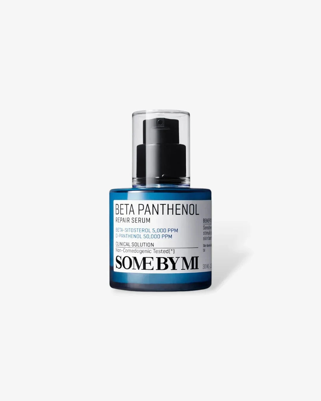 Blue bottle of SOME BY MI Beta Panthenol Repair Serum with black pump on white background