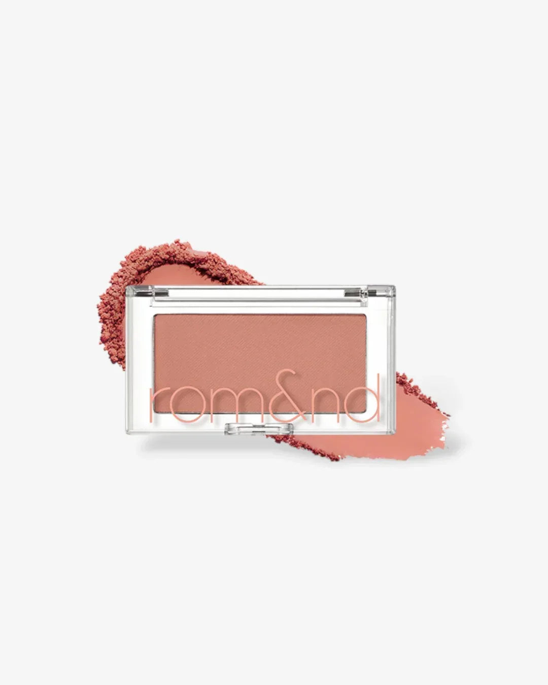 rom&nd rectangular rosy pink blush compact with powder swatch on white background