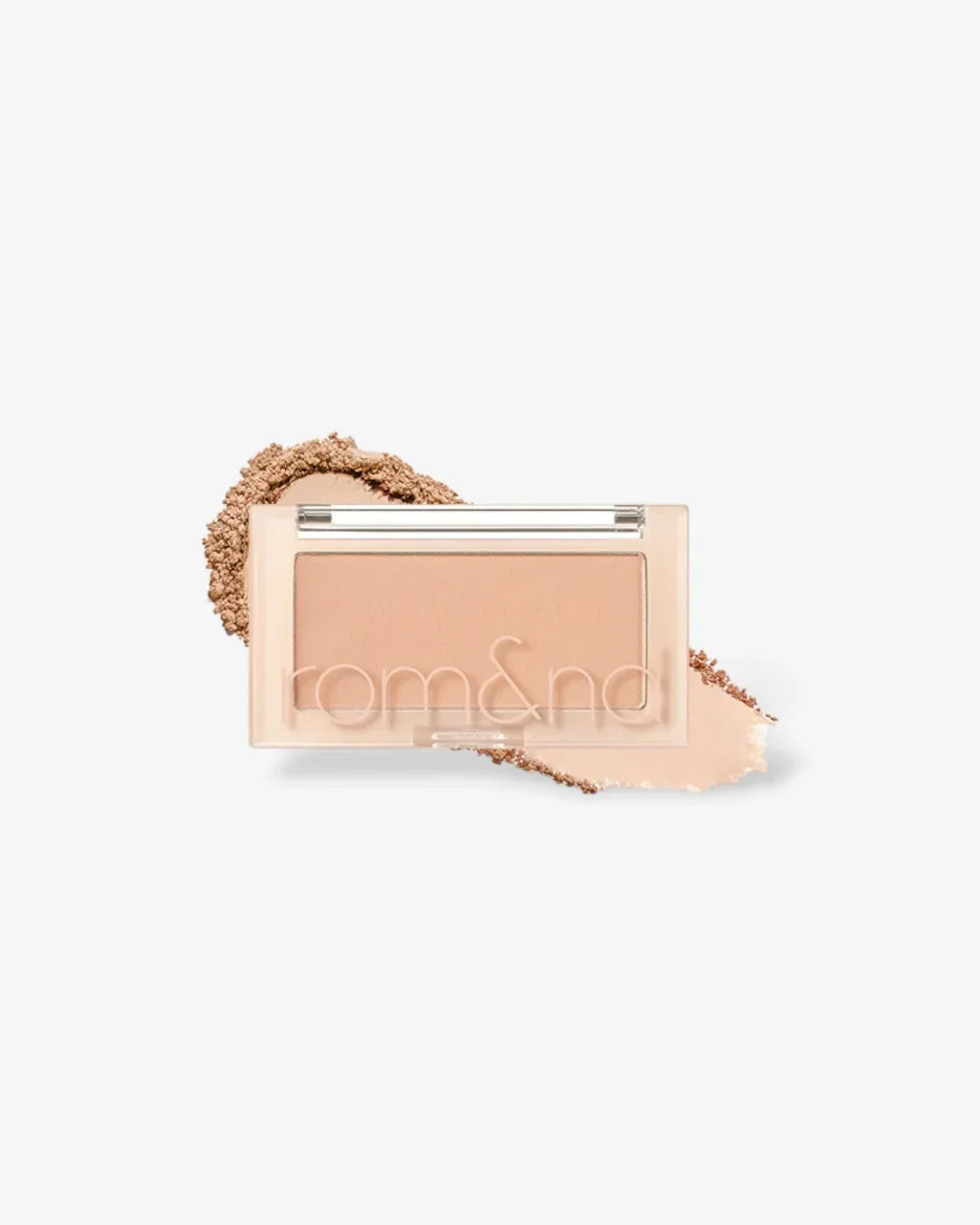 rom&nd Better Than Cheek blush in Nutty Nude shade with powder swatch on white background