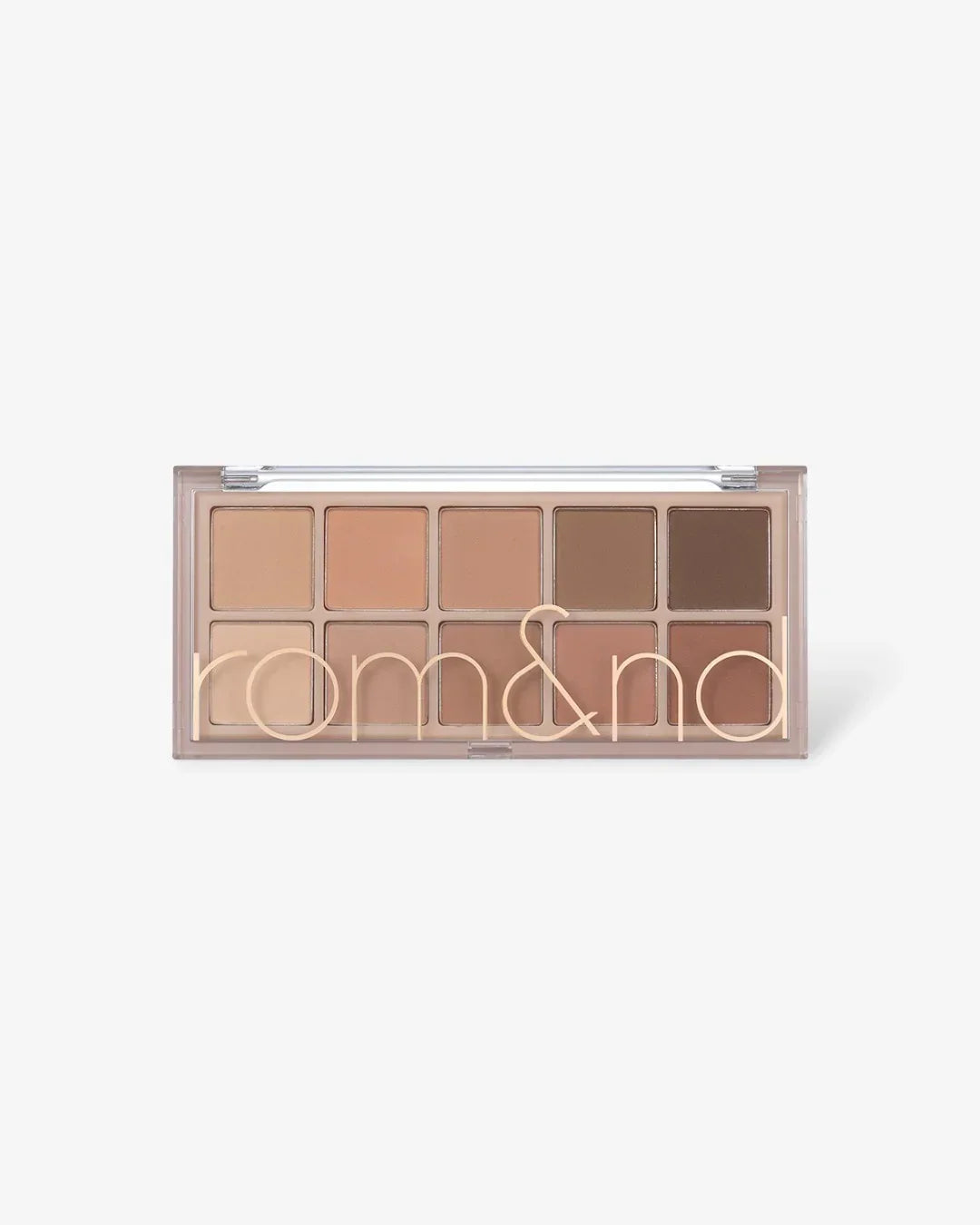 Rom&nd 10-shade neutral eyeshadow palette with matte brown and beige tones