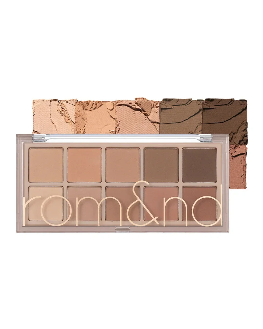 Romand matte eyeshadow palette featuring 10 warm neutral shades with crushed powder swatches