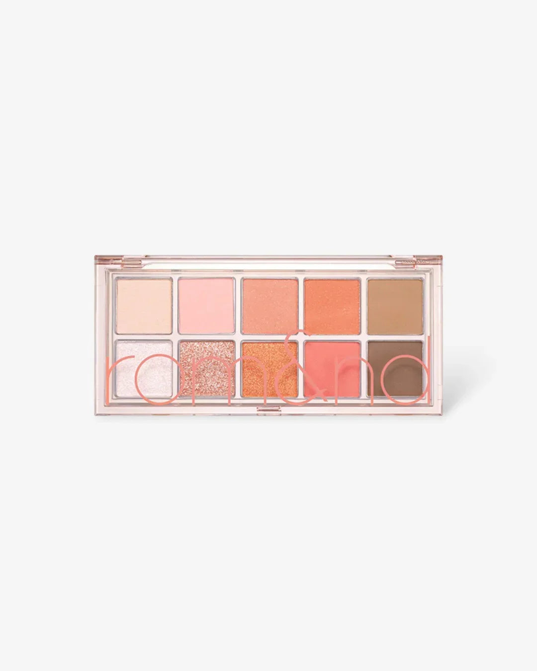Rom&nd peach dahlia eyeshadow palette with 10 shades including matte and shimmer tones
