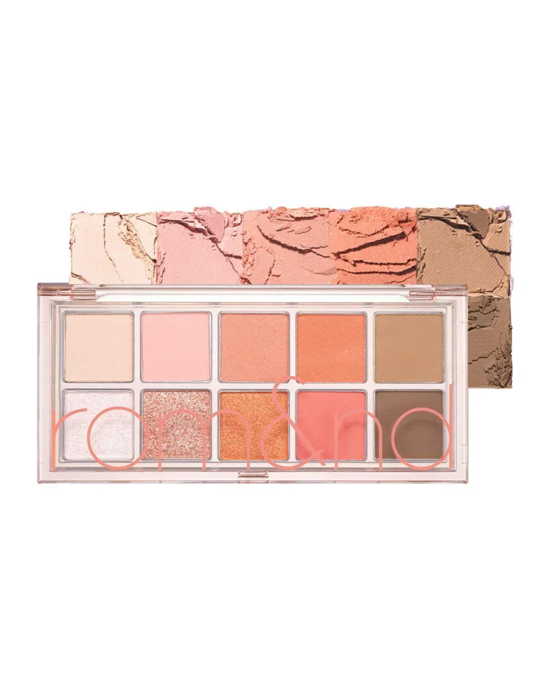 Romand peach dahlia garden eyeshadow palette with 10 warm neutral shades and crushed colors