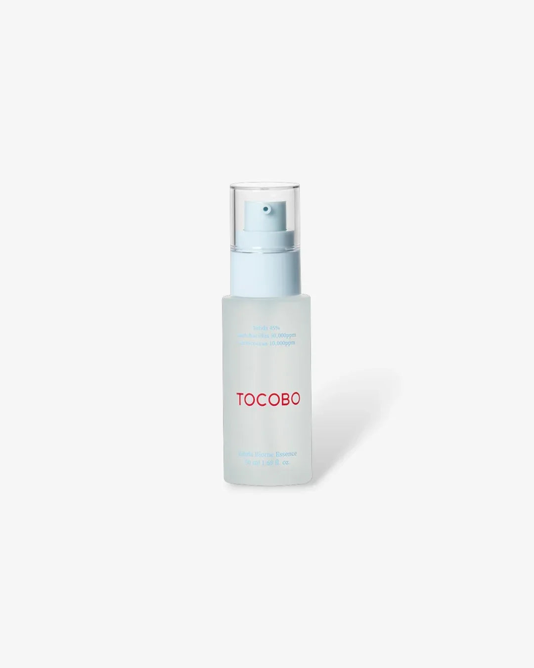 TOCOBO skin care biotic biome essence in frosted glass bottle with blue pump dispenser on white background