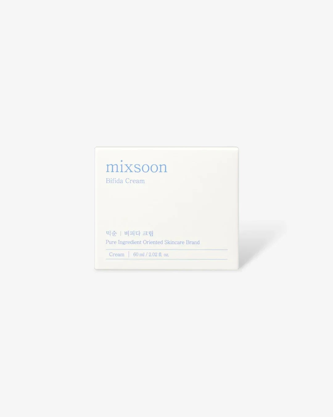 Mixsoon Bifida Cream 60ml skincare product box with pure ingredient branding on white background