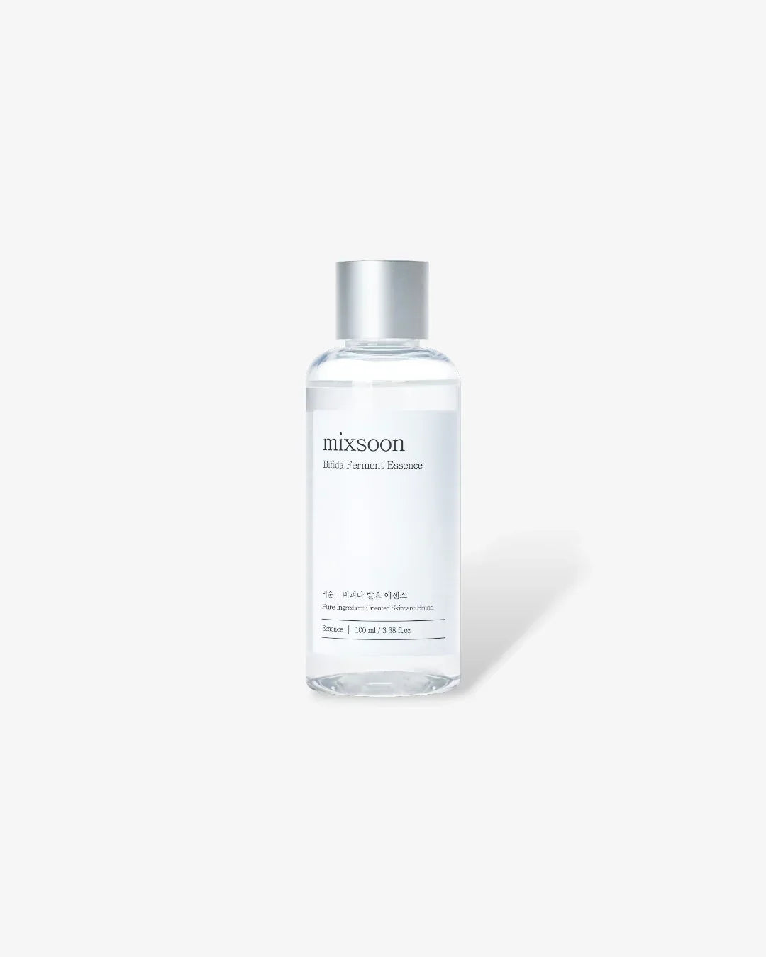 Clear bottle of Mixsoon Bifida Ferment Essence skincare product on white background