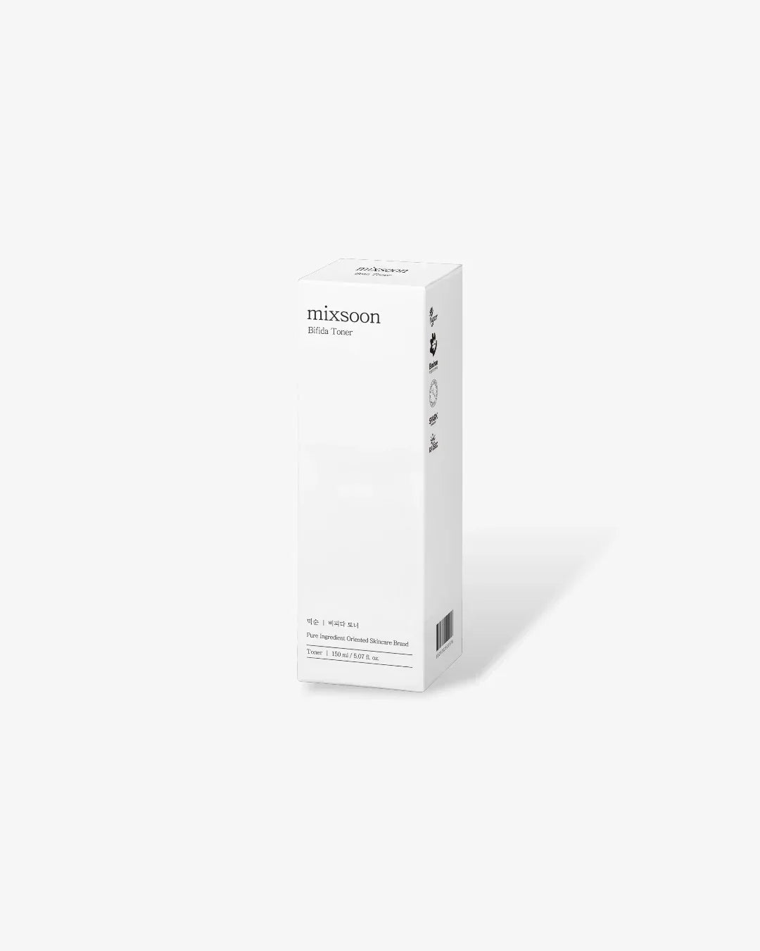 Mixsoon Bifida Toner skincare product packaging white box 150ml minimal design