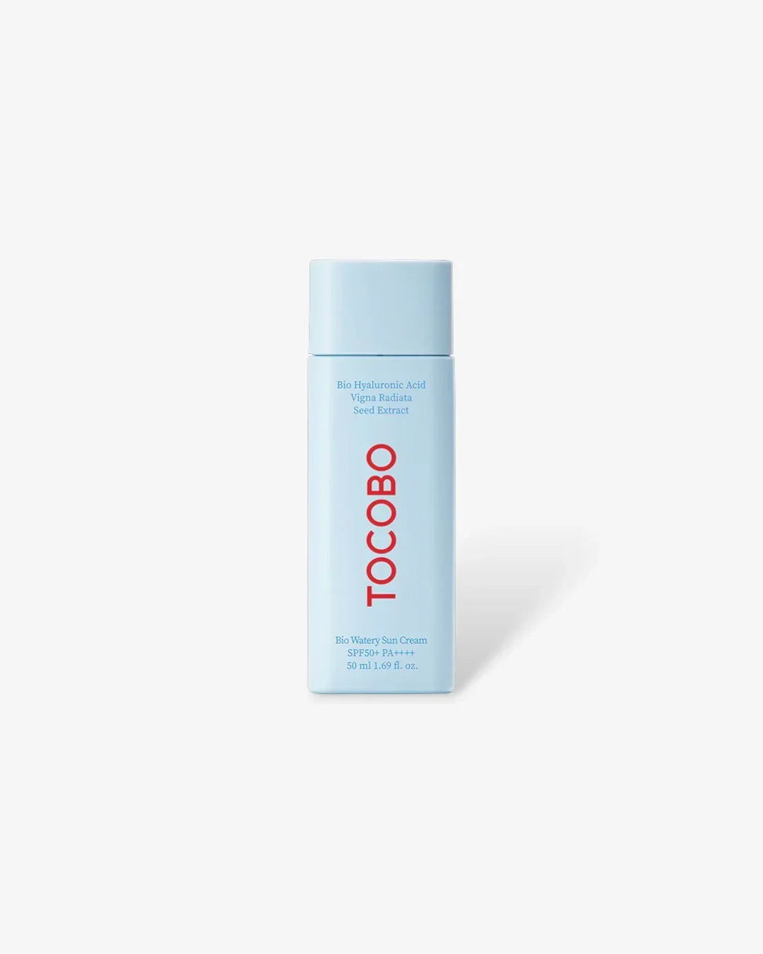 TOCOBO Bio Watery Sun Cream SPF50 PA+++ in light blue bottle with red brand name