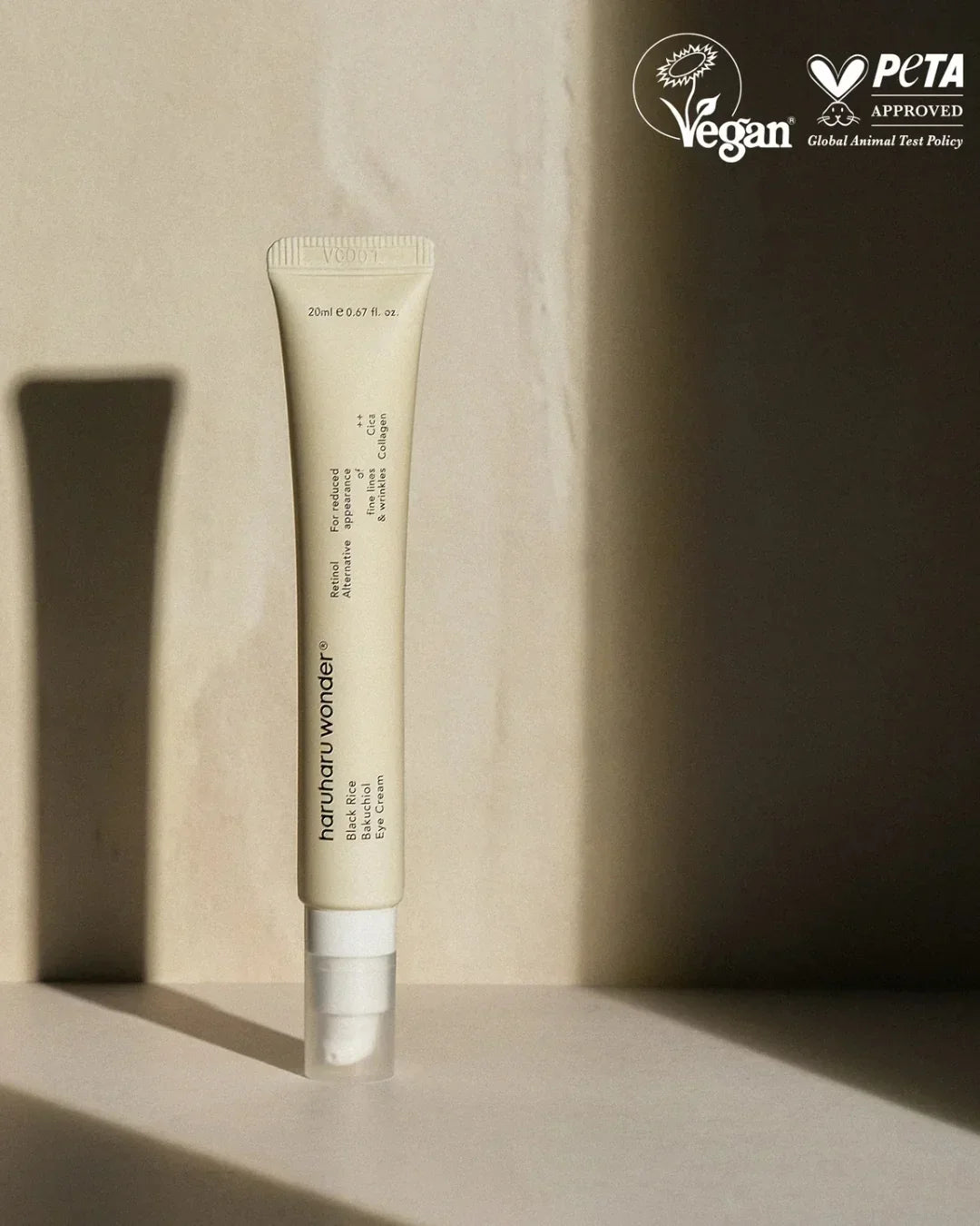 Tube of Haruharu Wonder Black Rice Bakuchiol Eye Cream with vegan and PETA approval logos