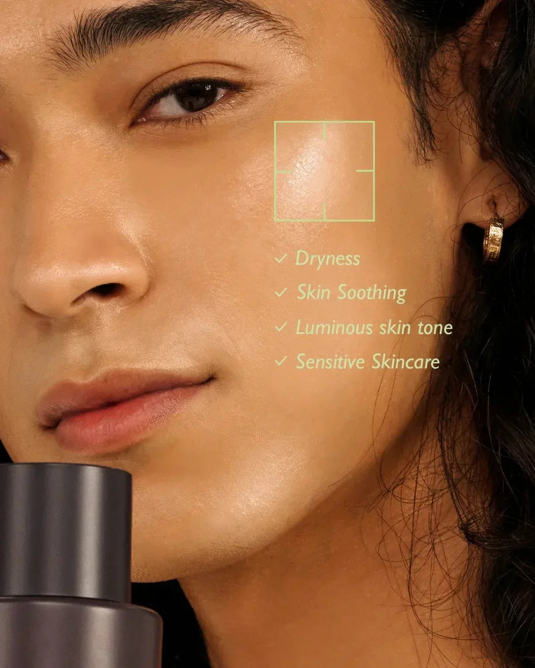 Close-up of woman with glowing skin highlighting dryness, skin soothing, luminous tone, sensitive skincare