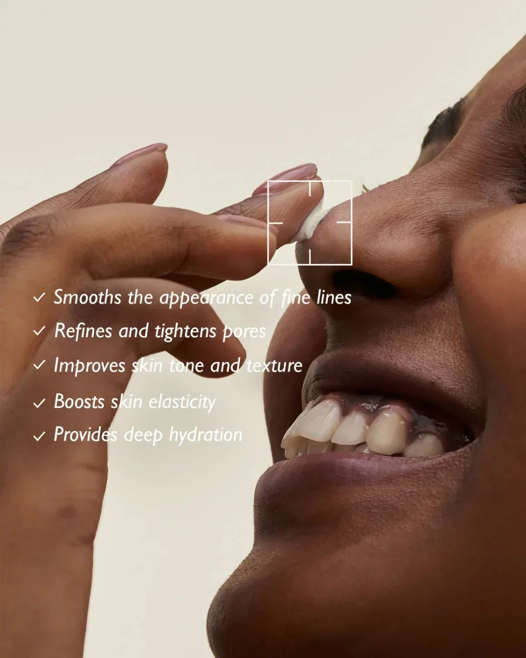 Close-up of smiling woman applying cream on nose, showcasing skincare benefits for fine lines and hydration