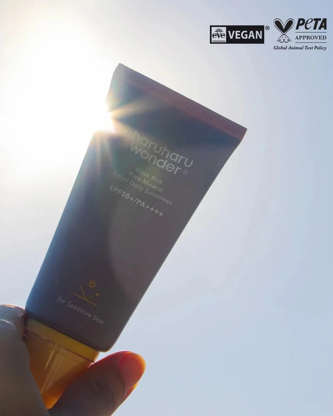 Haruharu Wonder Black Rice Mineral Relief Daily Sunscreen SPF50 vegan Korean skincare in sunlight
