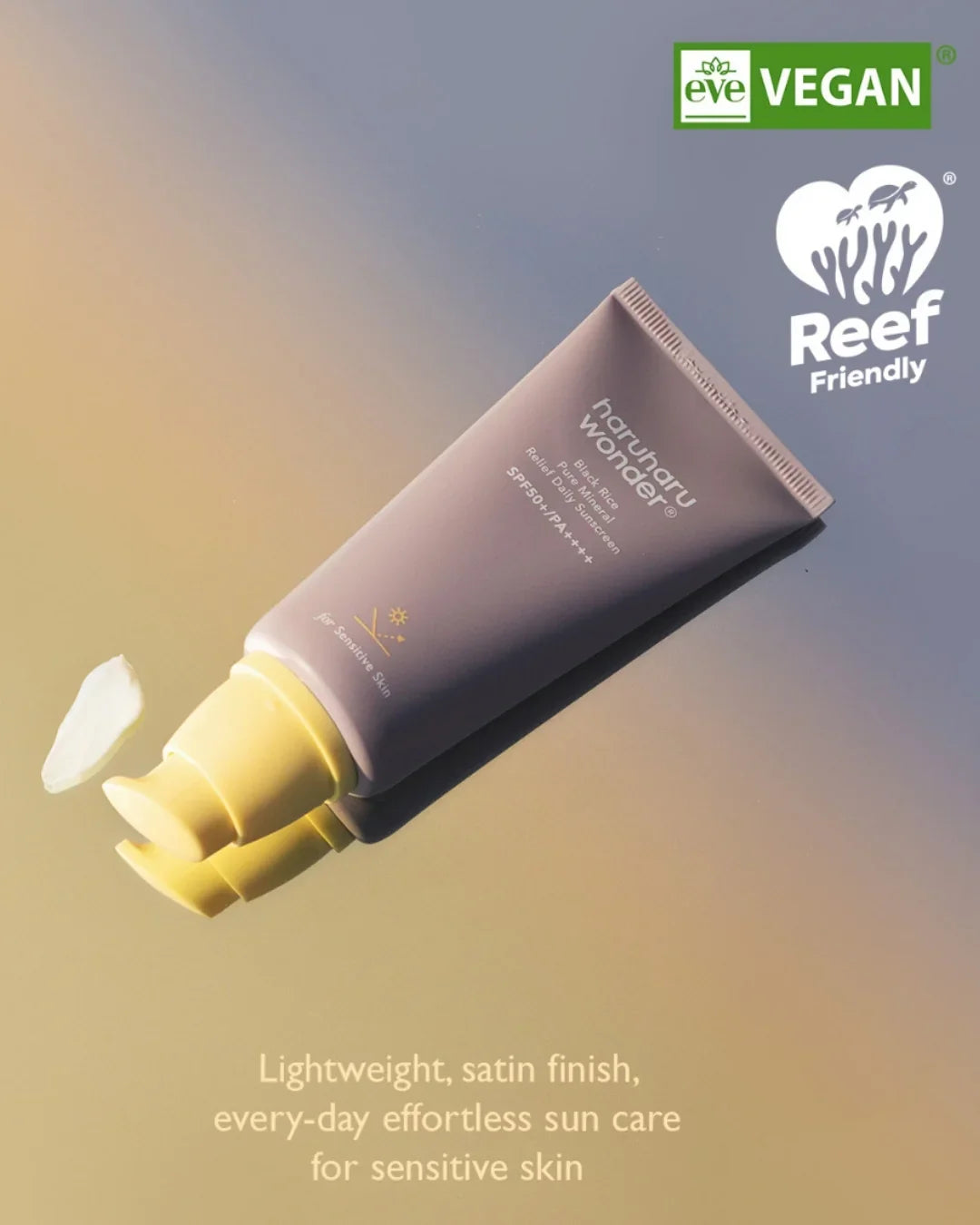 Haruharu Wonder Black Rice Pure Mineral Relief Daily Sunscreen SPF50 vegan reef-friendly tube on a gradient background, Malkn Korean beauty skincare.