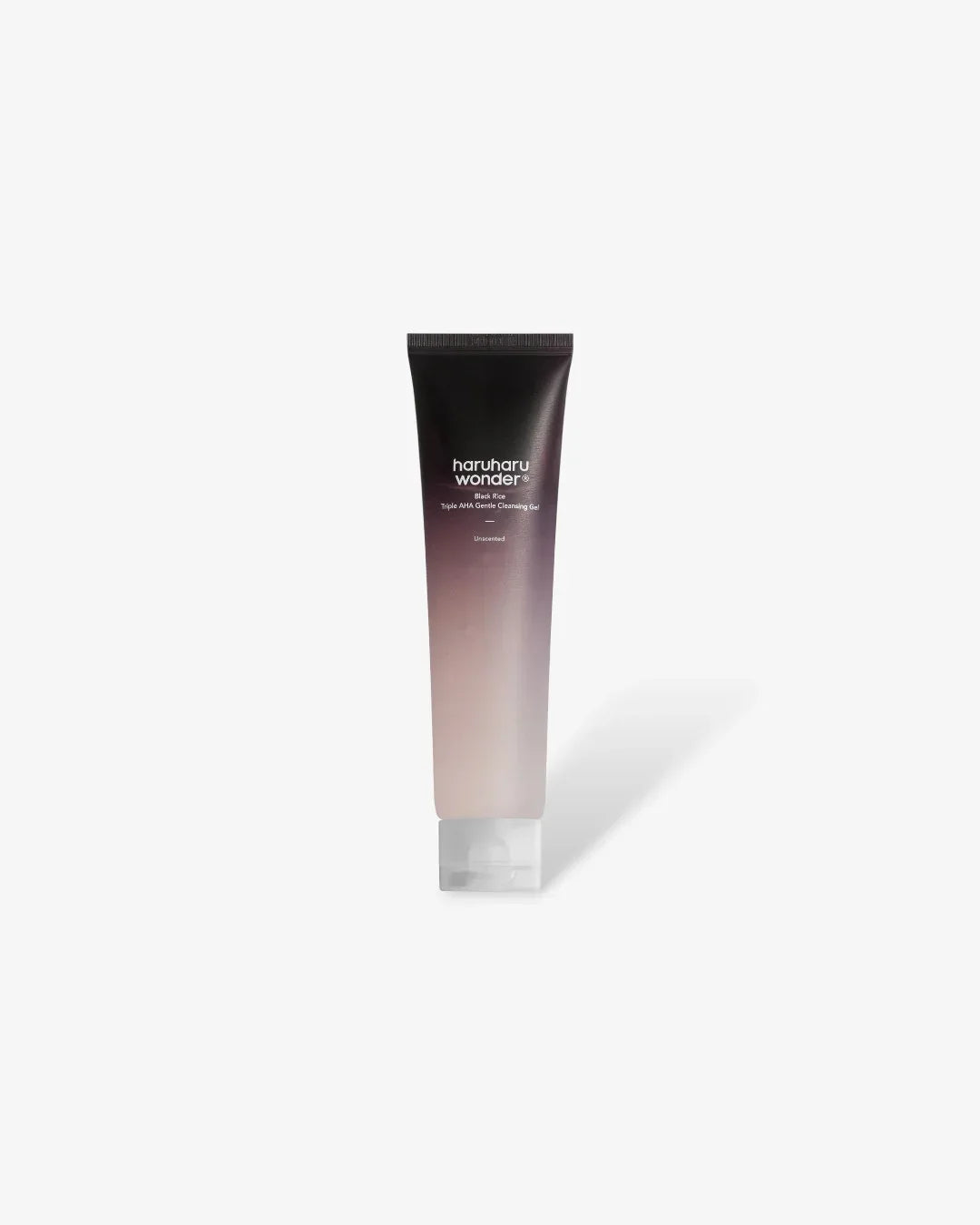 Haru Haru Wonder Black Rice Triple AHA Gentle Cleansing Gel tube with gradient black to pink design on white background