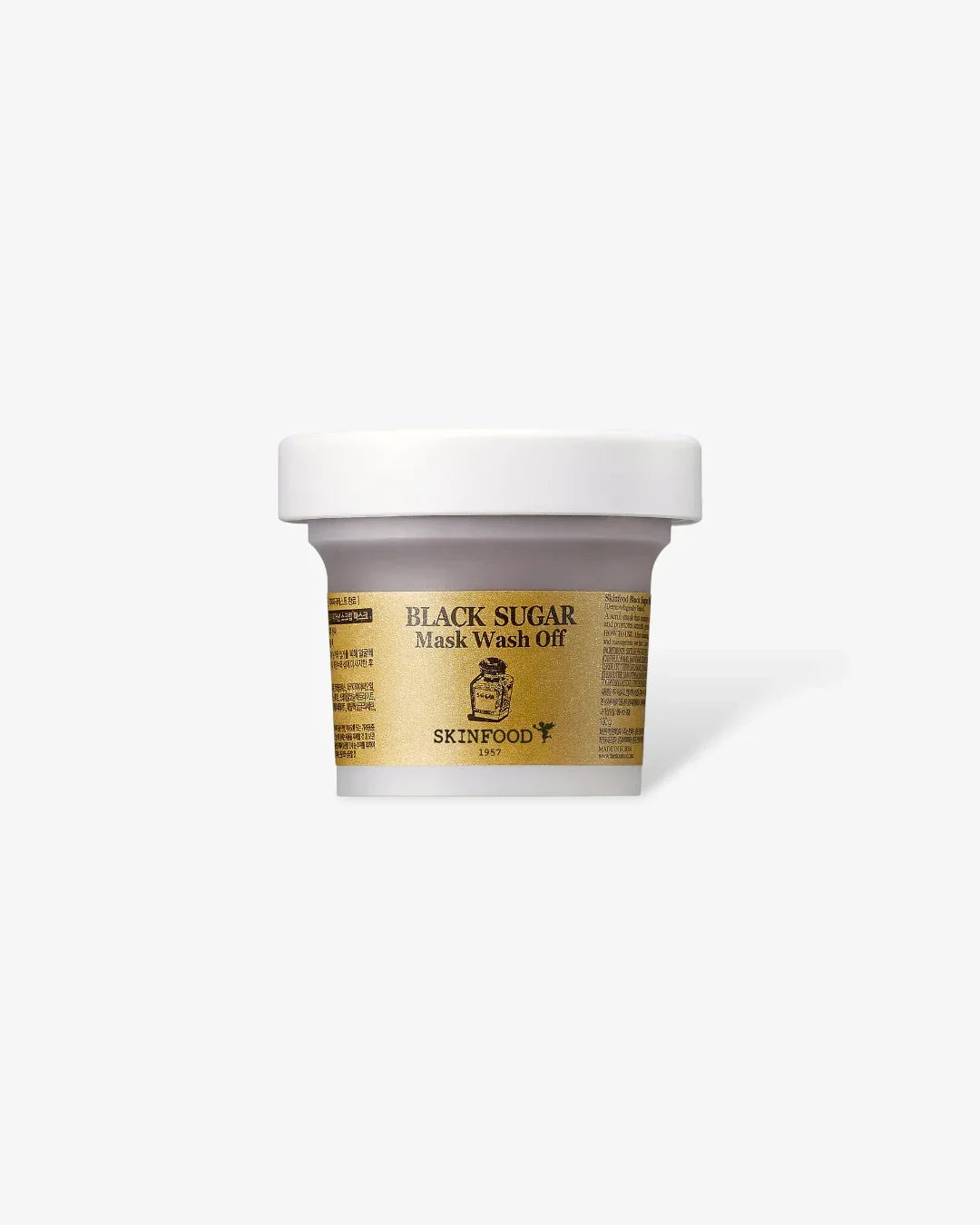 Skinfood Black Sugar Mask Wash Off in small white jar with gold label on white background